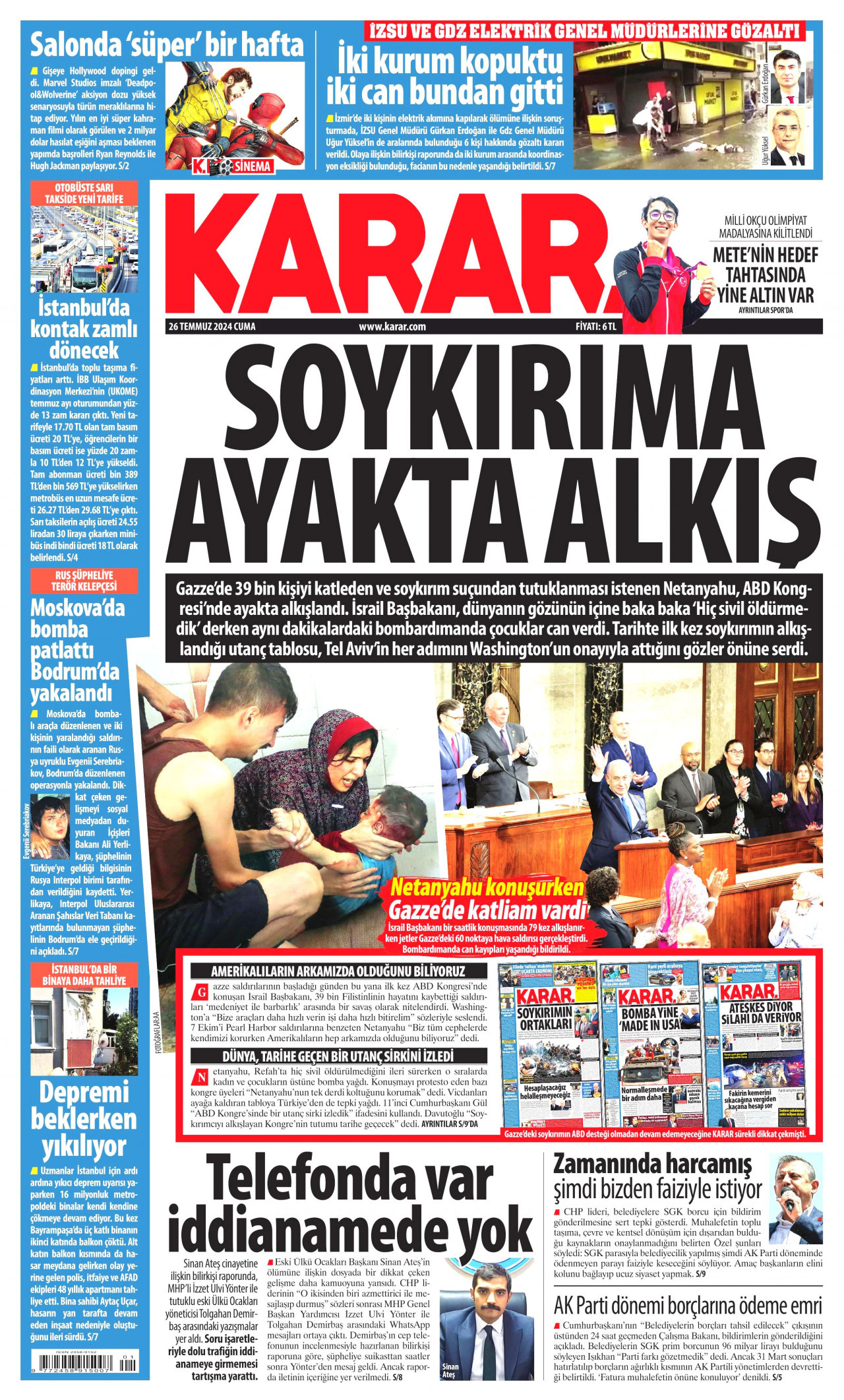KARAR gazetesinin 26 Temmuz 2024 tarihli birinci sayfası
