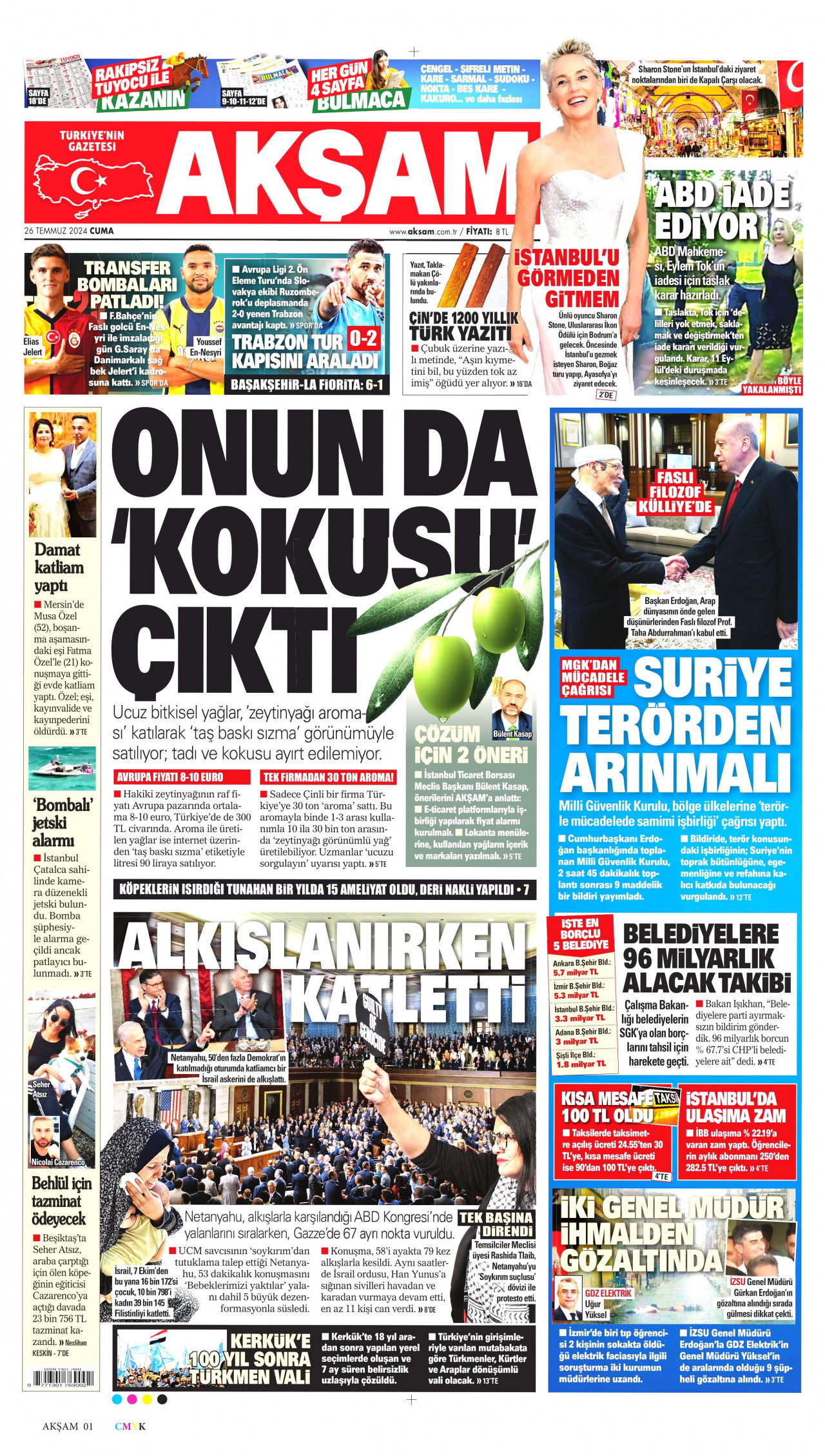 AKŞAM gazetesinin 26 Temmuz 2024 tarihli birinci sayfası