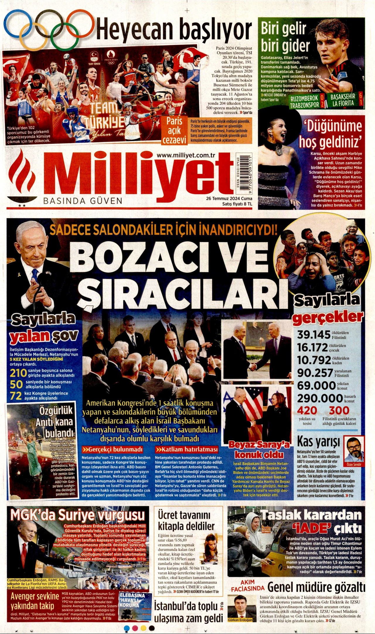 MİLLİYET gazetesinin 26 Temmuz 2024 tarihli birinci sayfası