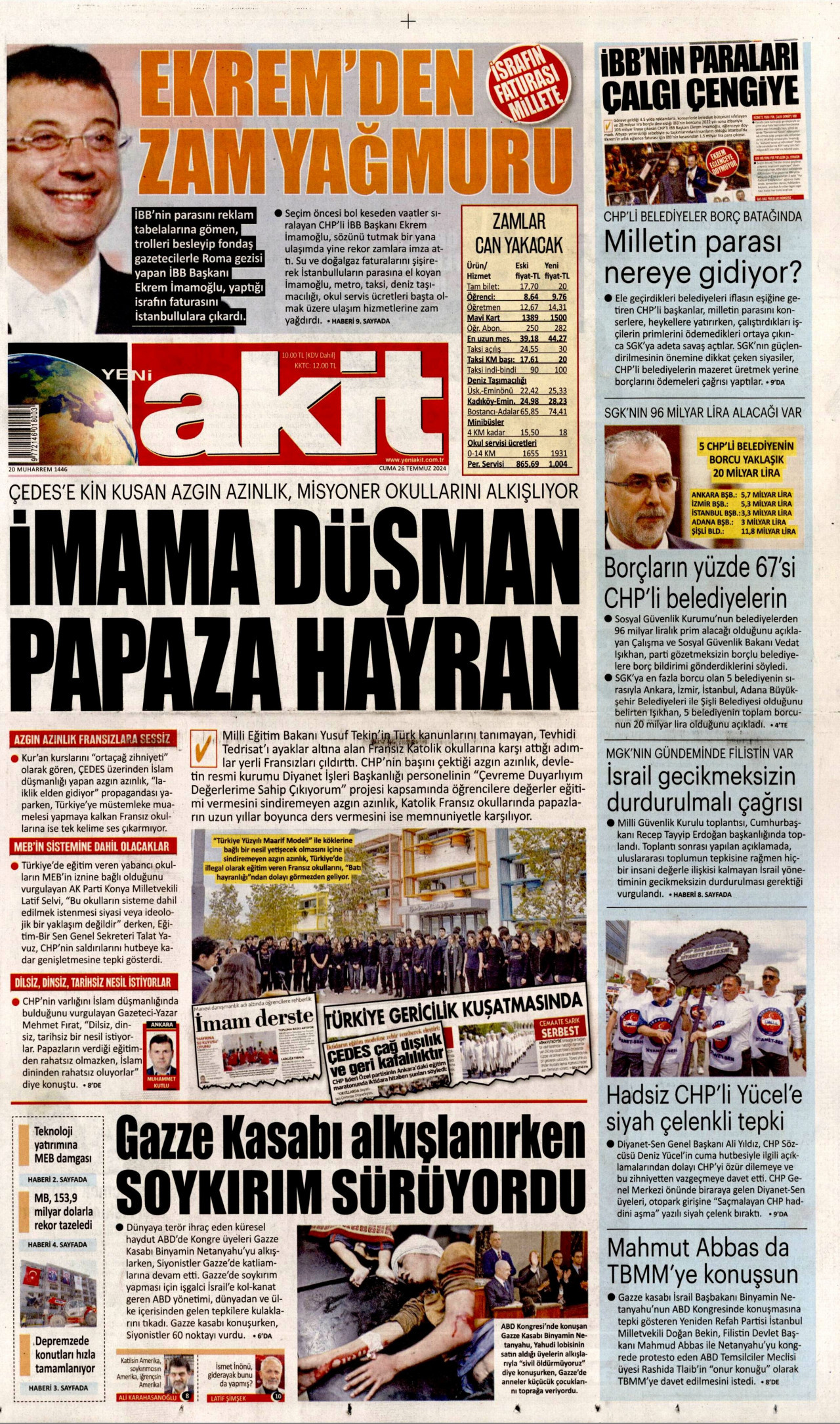 YENİ AKİT gazetesinin 26 Temmuz 2024 tarihli birinci sayfası