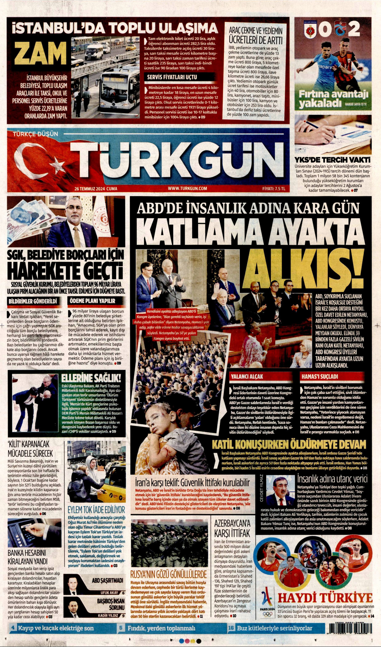 TÜRKGÜN gazetesinin 26 Temmuz 2024 tarihli birinci sayfası