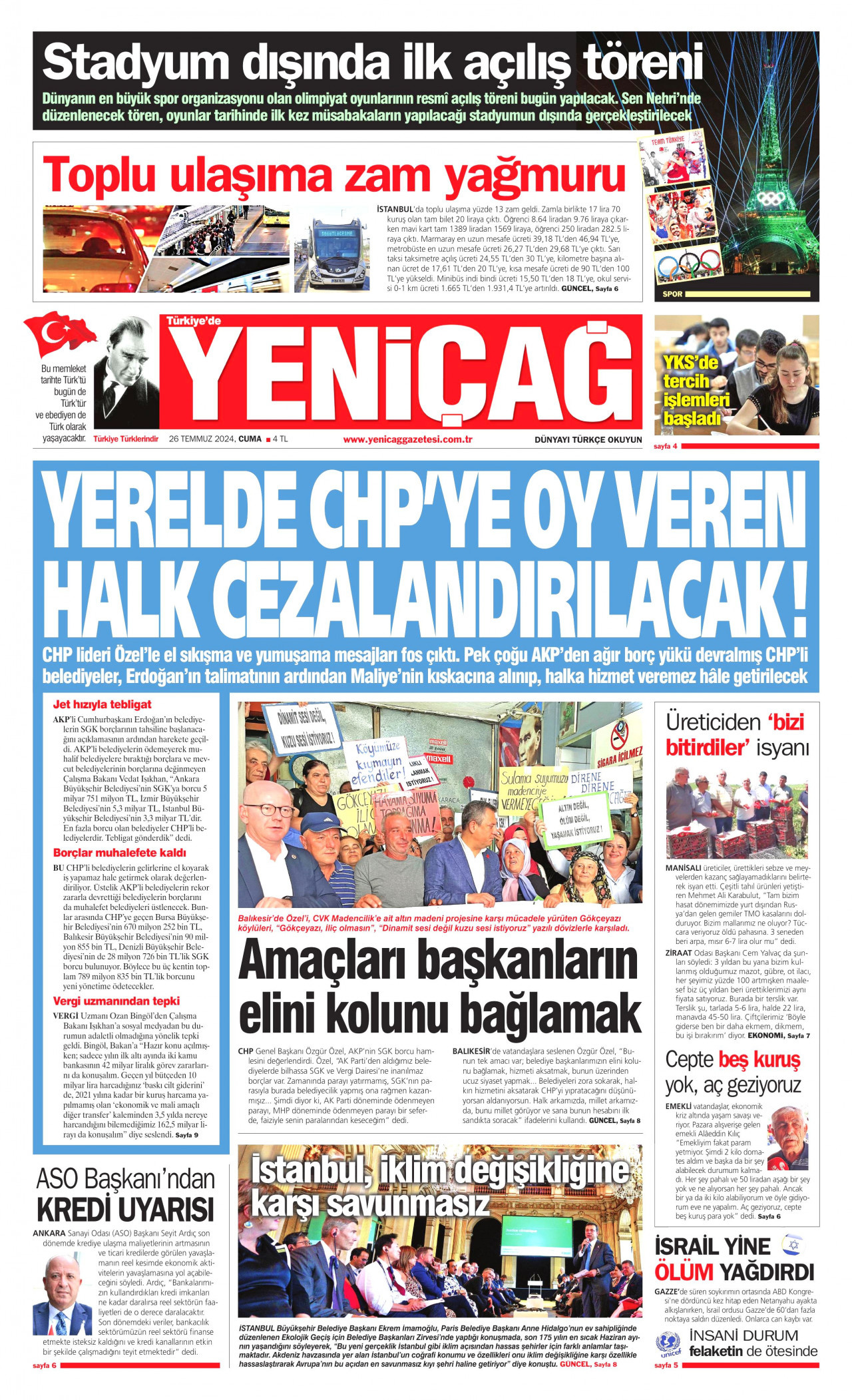 YENİÇAĞ gazetesinin 26 Temmuz 2024 tarihli birinci sayfası