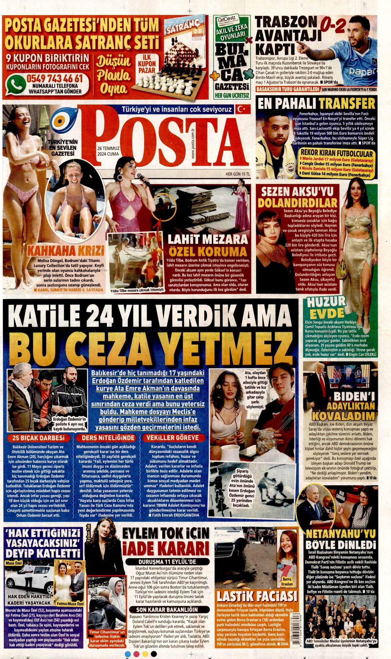 POSTA gazetesinin 26 Temmuz 2024 tarihli birinci sayfası