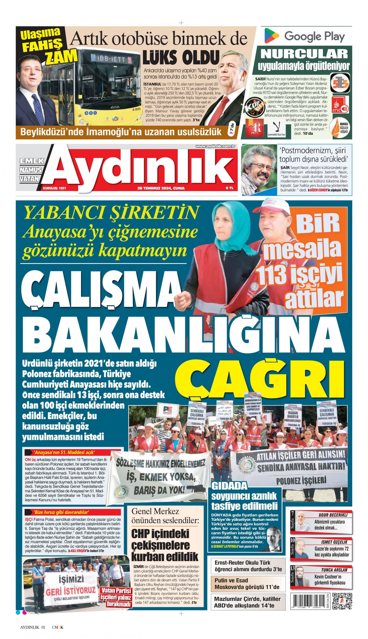 AYDINLIK GAZETESİ gazetesinin 26 Temmuz 2024 tarihli birinci sayfası