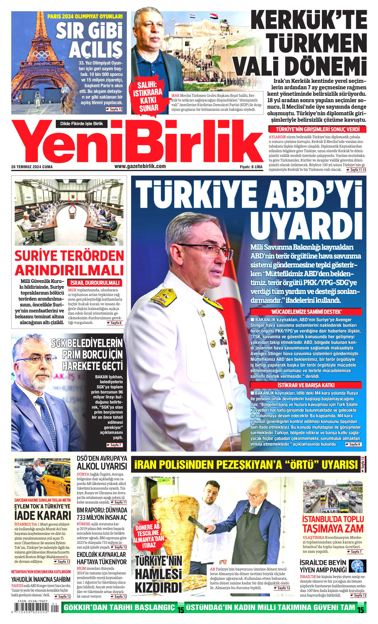 YENİBİRLİK gazetesinin 26 Temmuz 2024 tarihli birinci sayfası