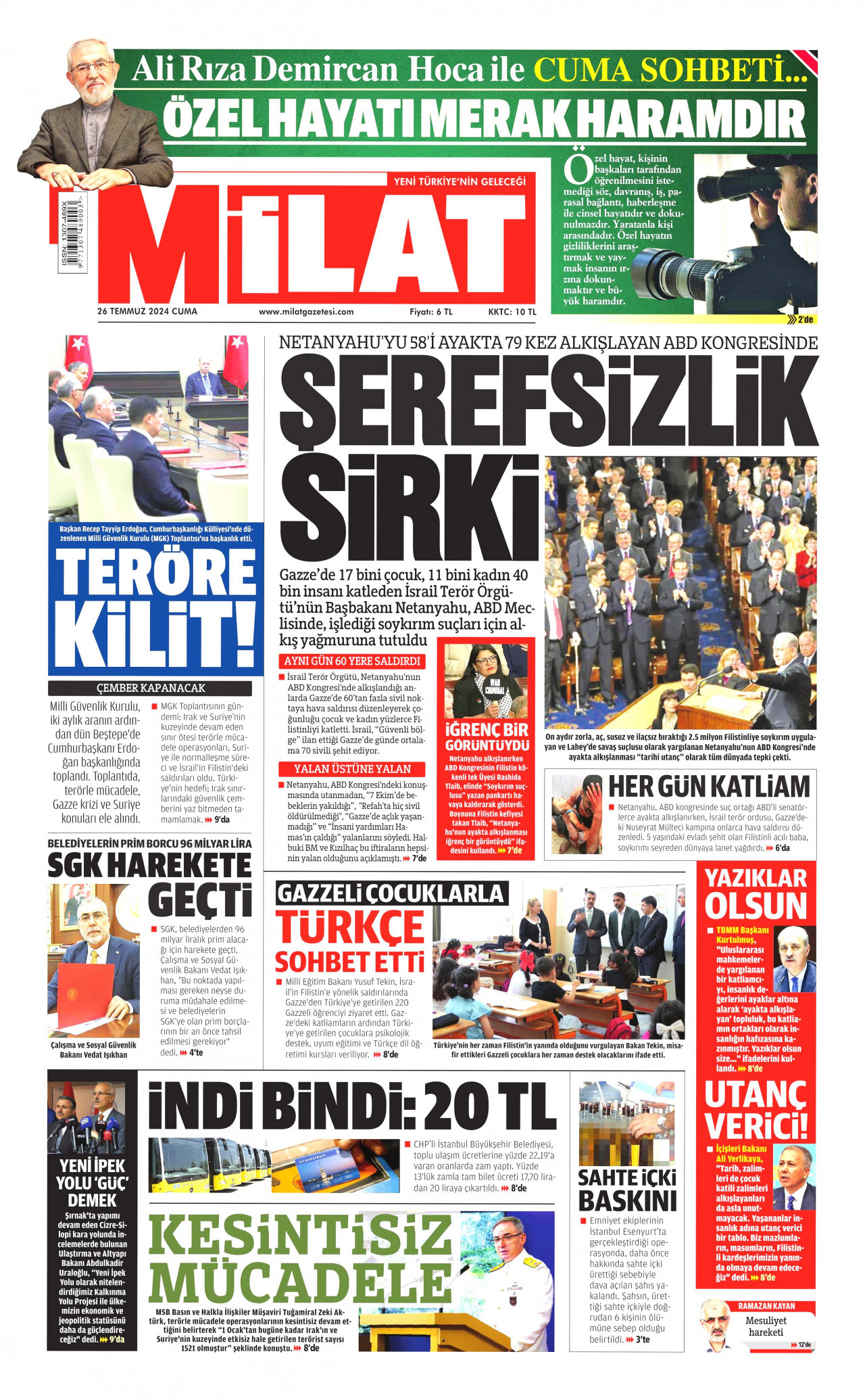 MİLAT gazetesinin 26 Temmuz 2024 tarihli birinci sayfası