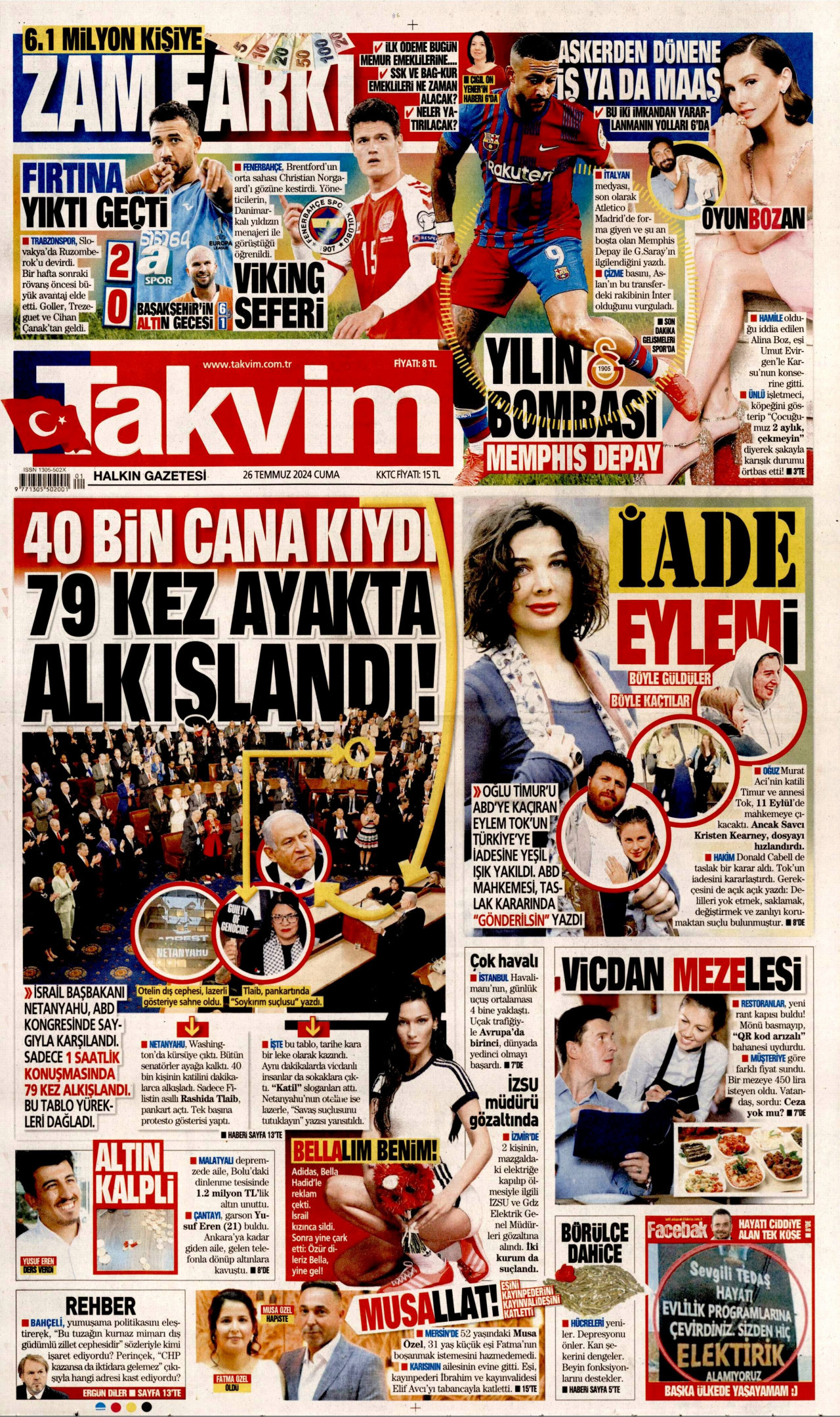 TAKVİM gazetesinin 26 Temmuz 2024 tarihli birinci sayfası