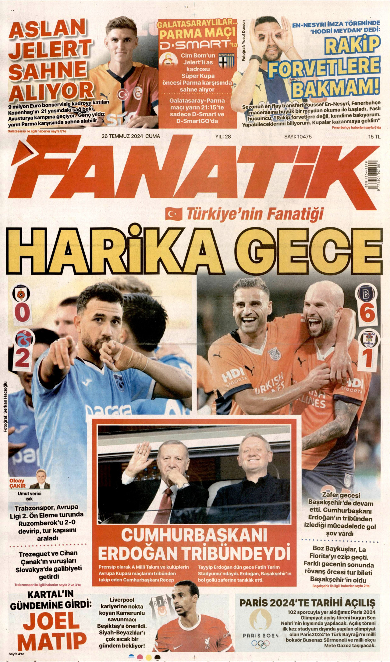 FANATİK gazetesinin 26 Temmuz 2024 tarihli birinci sayfası