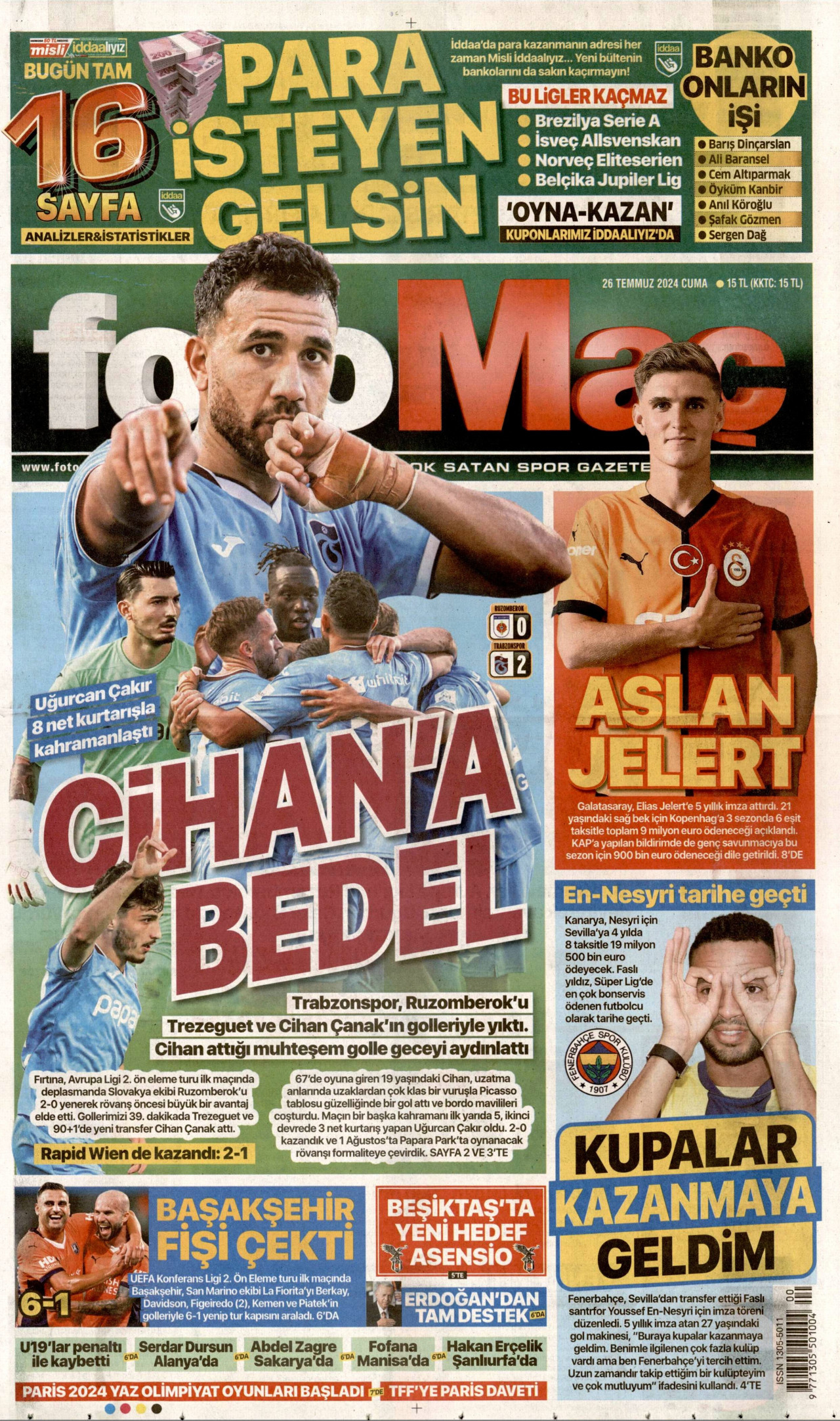 FOTOMAÇ gazetesinin 26 Temmuz 2024 tarihli birinci sayfası