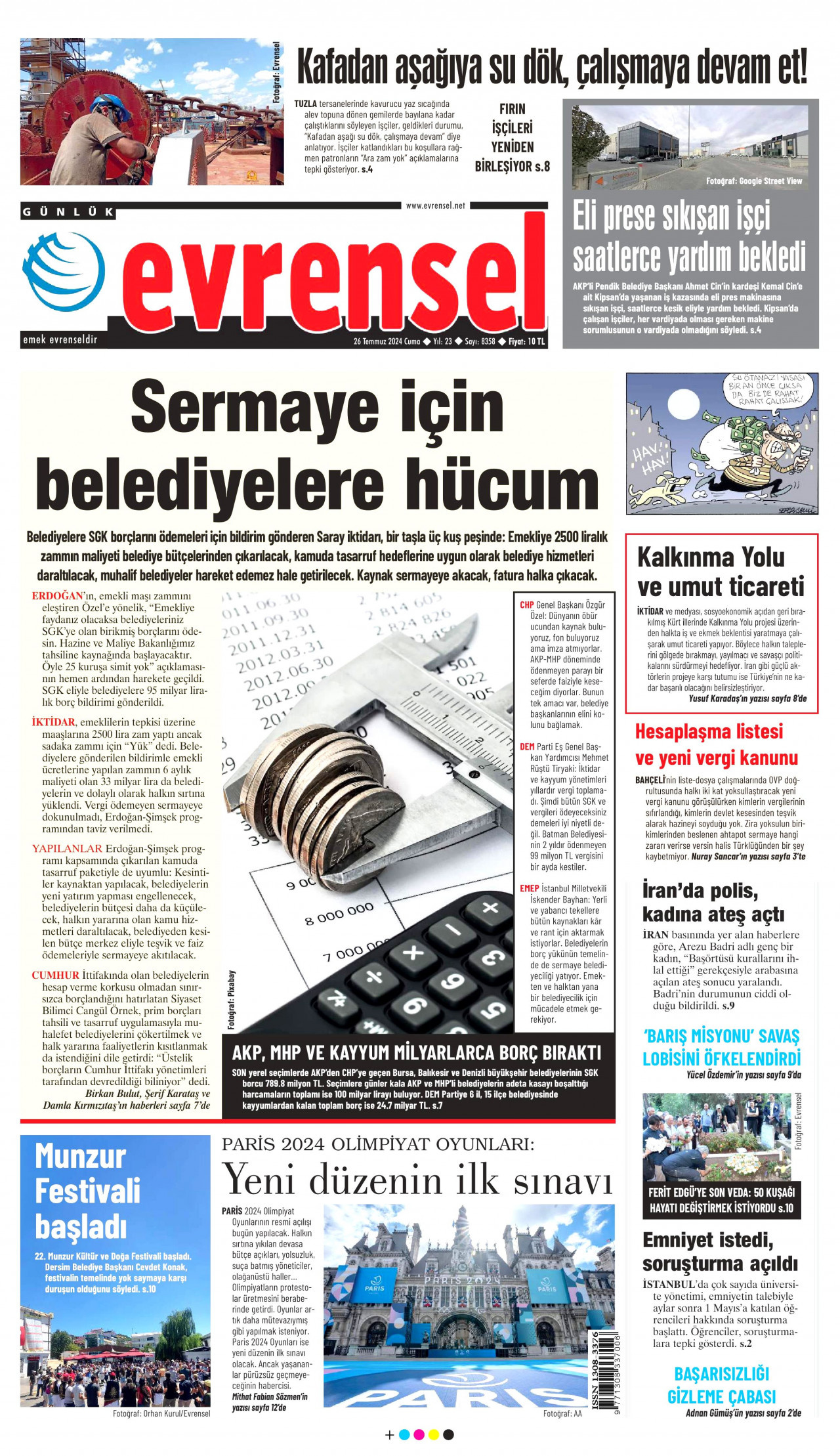 EVRENSEL gazetesinin 26 Temmuz 2024 tarihli birinci sayfası