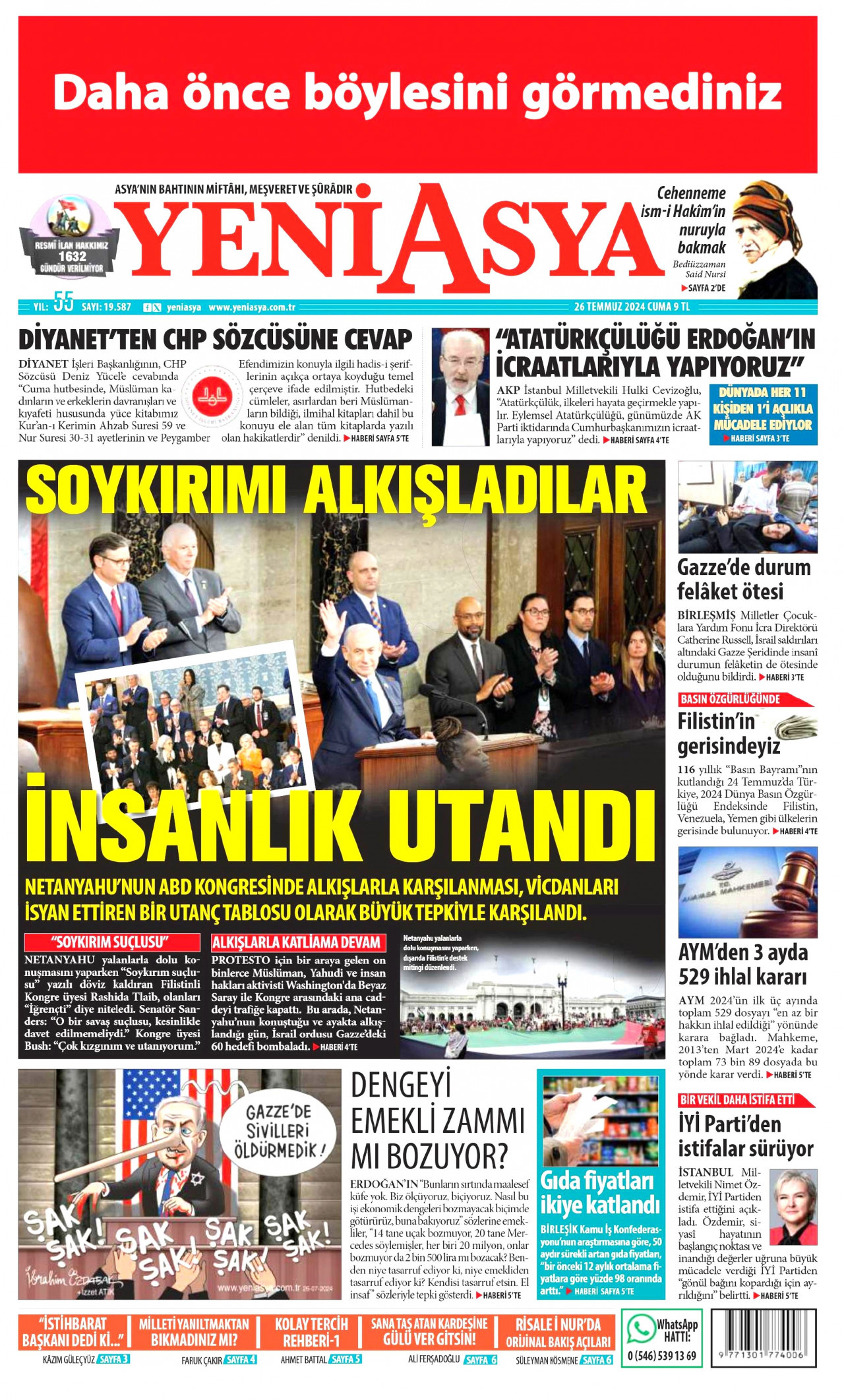 YENİ ASYA gazetesinin 26 Temmuz 2024 tarihli birinci sayfası