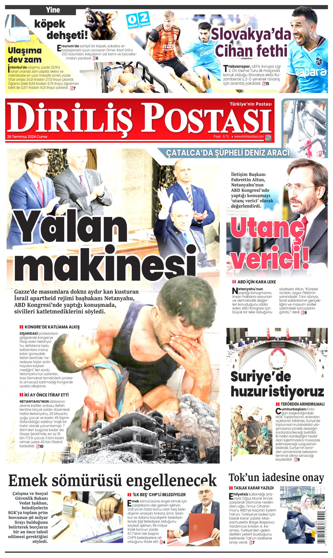 DİRİLİŞ POSTASI gazetesinin 26 Temmuz 2024 tarihli birinci sayfası