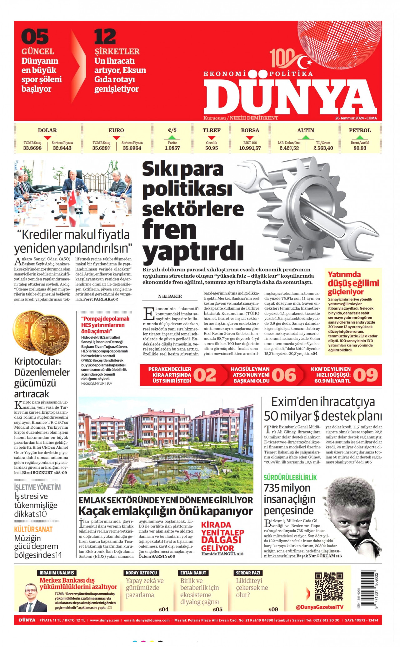 DÜNYA gazetesinin 26 Temmuz 2024 tarihli birinci sayfası
