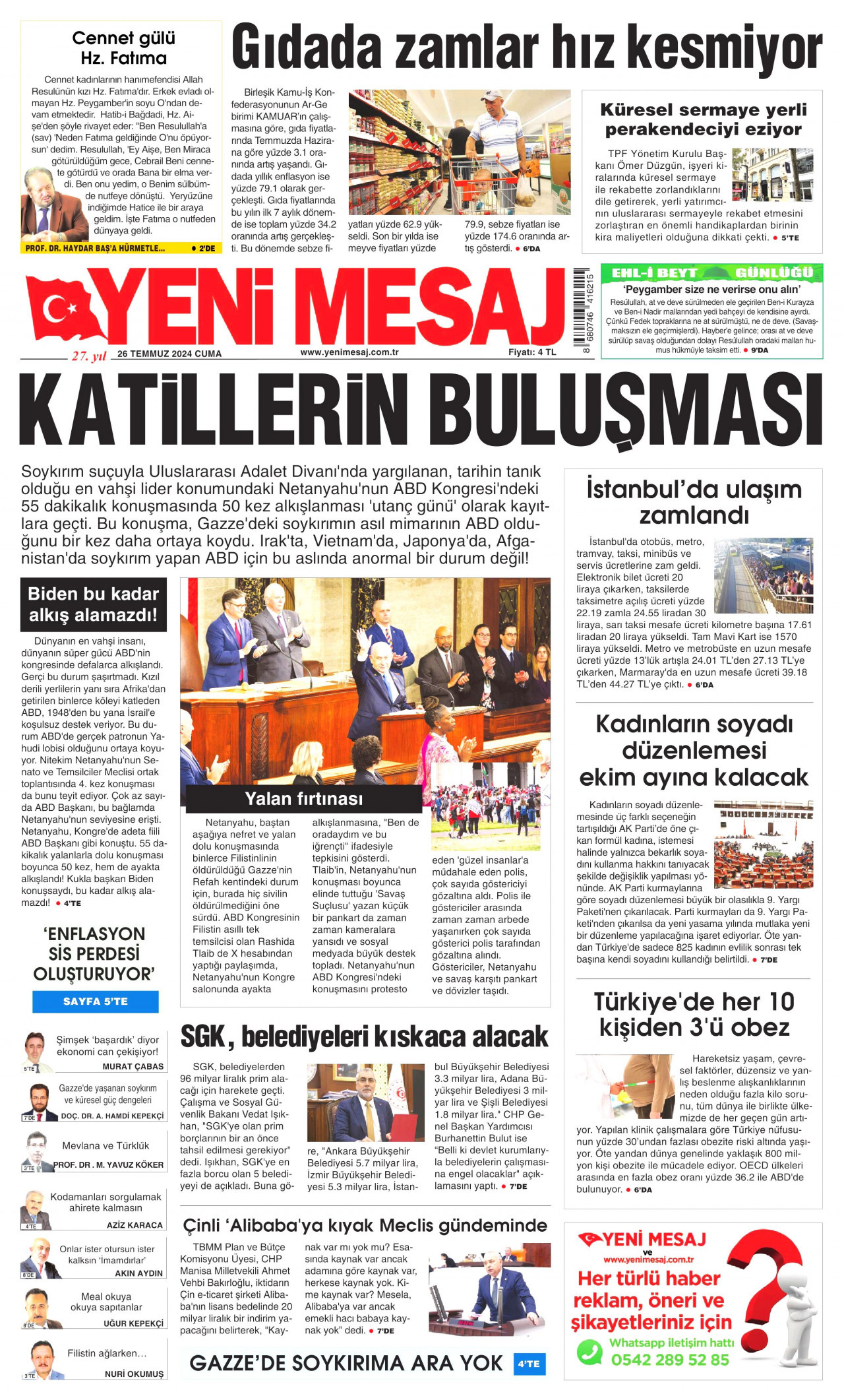 YENİ MESAJ gazetesinin 26 Temmuz 2024 tarihli birinci sayfası