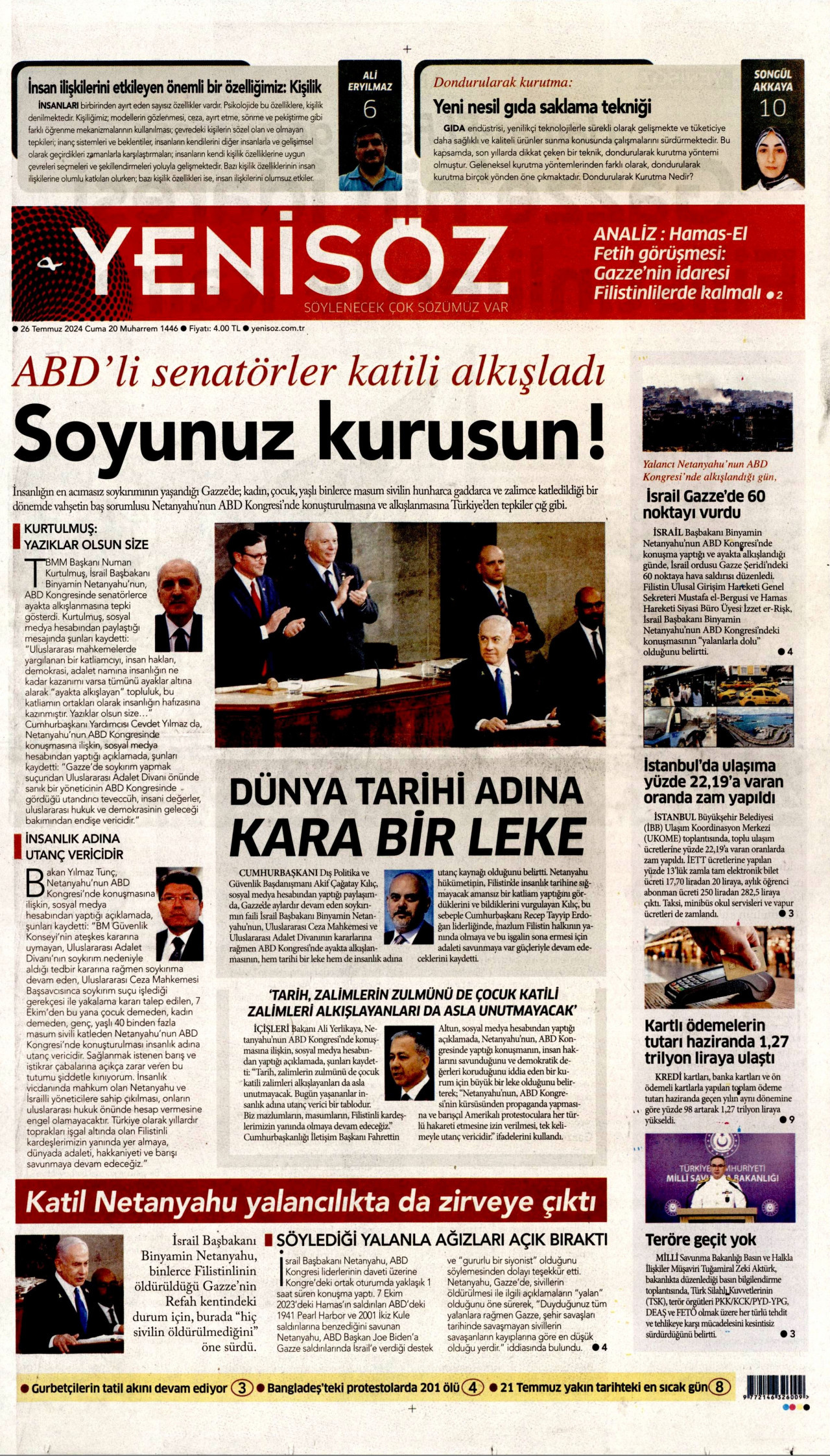 YENİ SÖZ GAZETESİ gazetesinin 26 Temmuz 2024 tarihli birinci sayfası