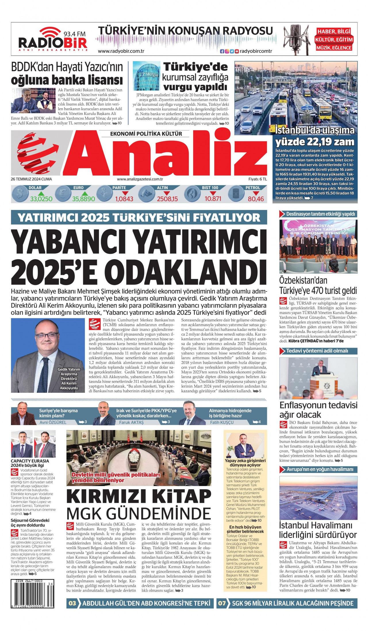 ANALİZ gazetesinin 26 Temmuz 2024 tarihli birinci sayfası