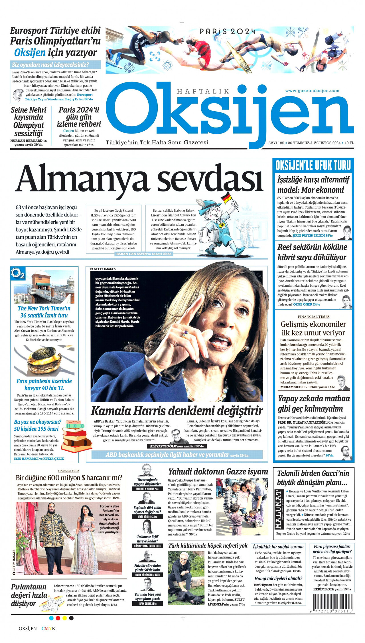 OKSİJEN gazetesinin 26 Temmuz 2024 tarihli birinci sayfası