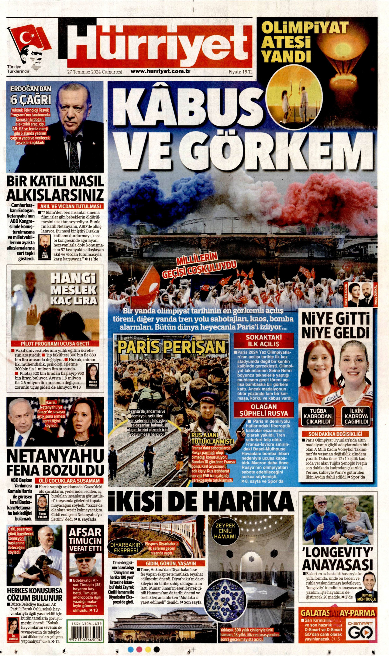 HÜRRİYET gazetesinin 27 Temmuz 2024 tarihli birinci sayfası