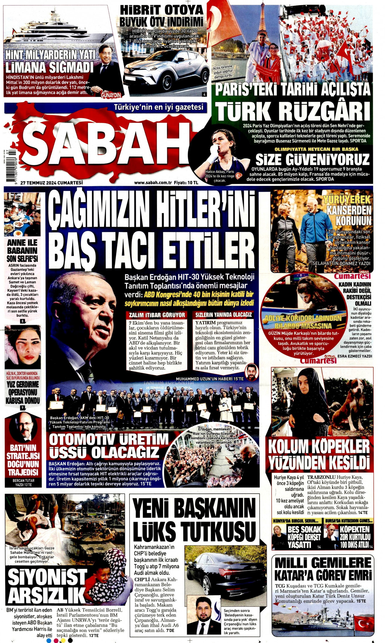 SABAH gazetesinin 27 Temmuz 2024 tarihli birinci sayfası