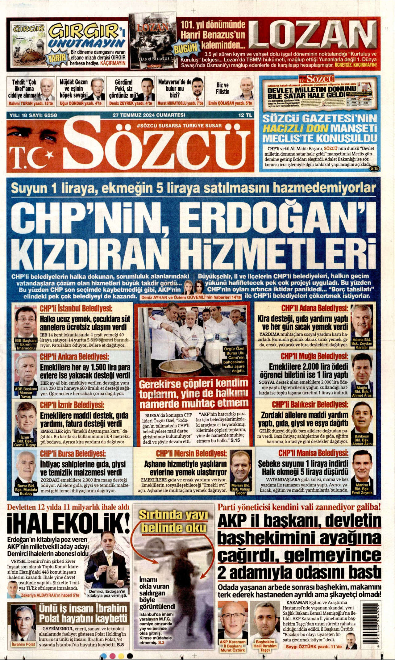 SÖZCÜ gazetesinin 27 Temmuz 2024 tarihli birinci sayfası