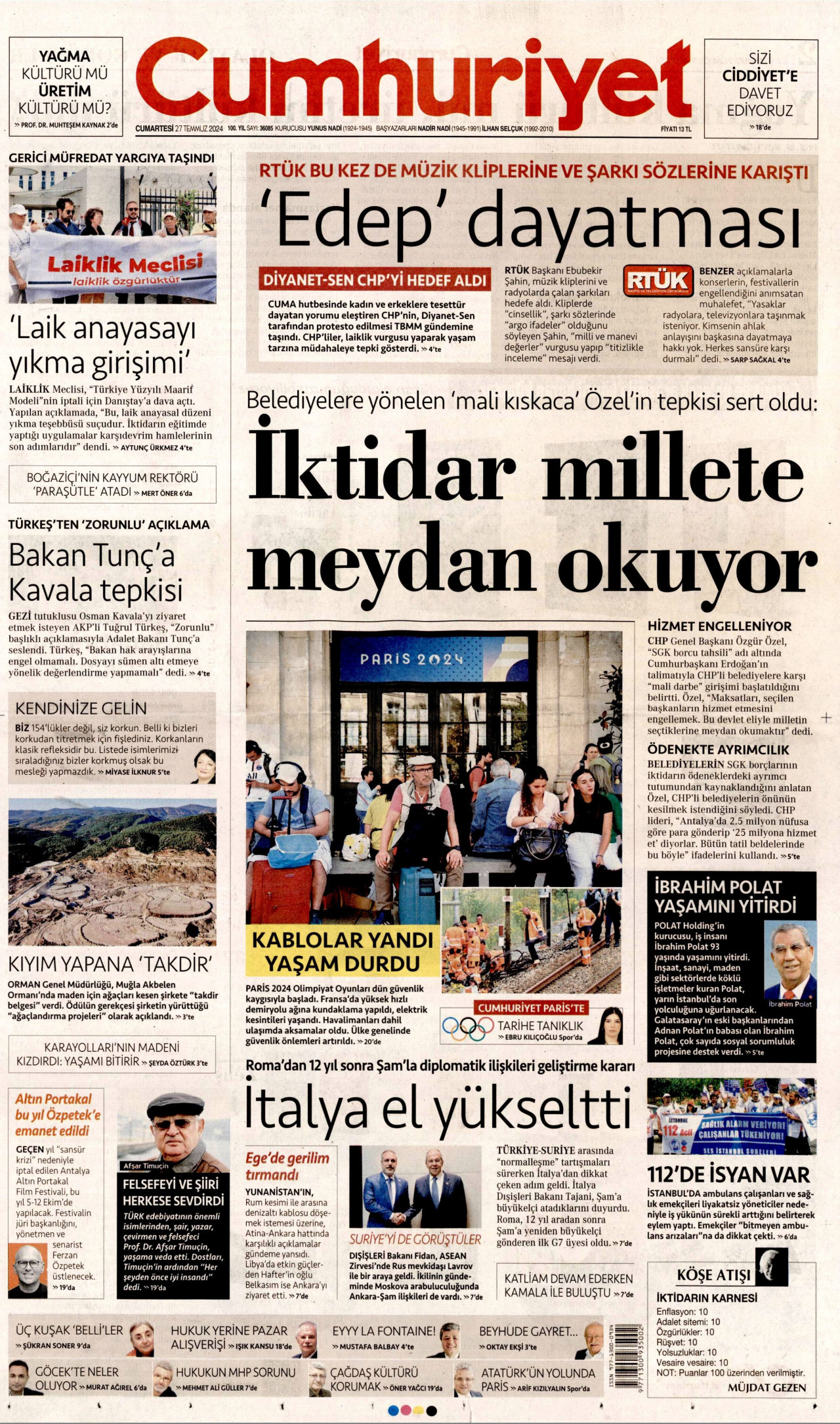 CUMHURİYET gazetesinin 27 Temmuz 2024 tarihli birinci sayfası