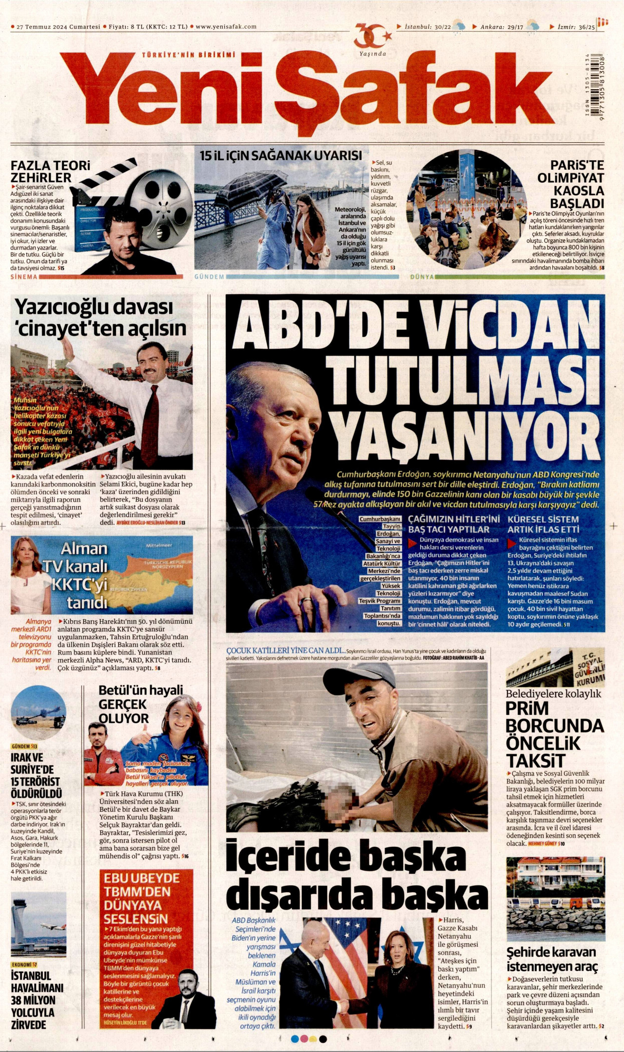 YENİ ŞAFAK gazetesinin 27 Temmuz 2024 tarihli birinci sayfası