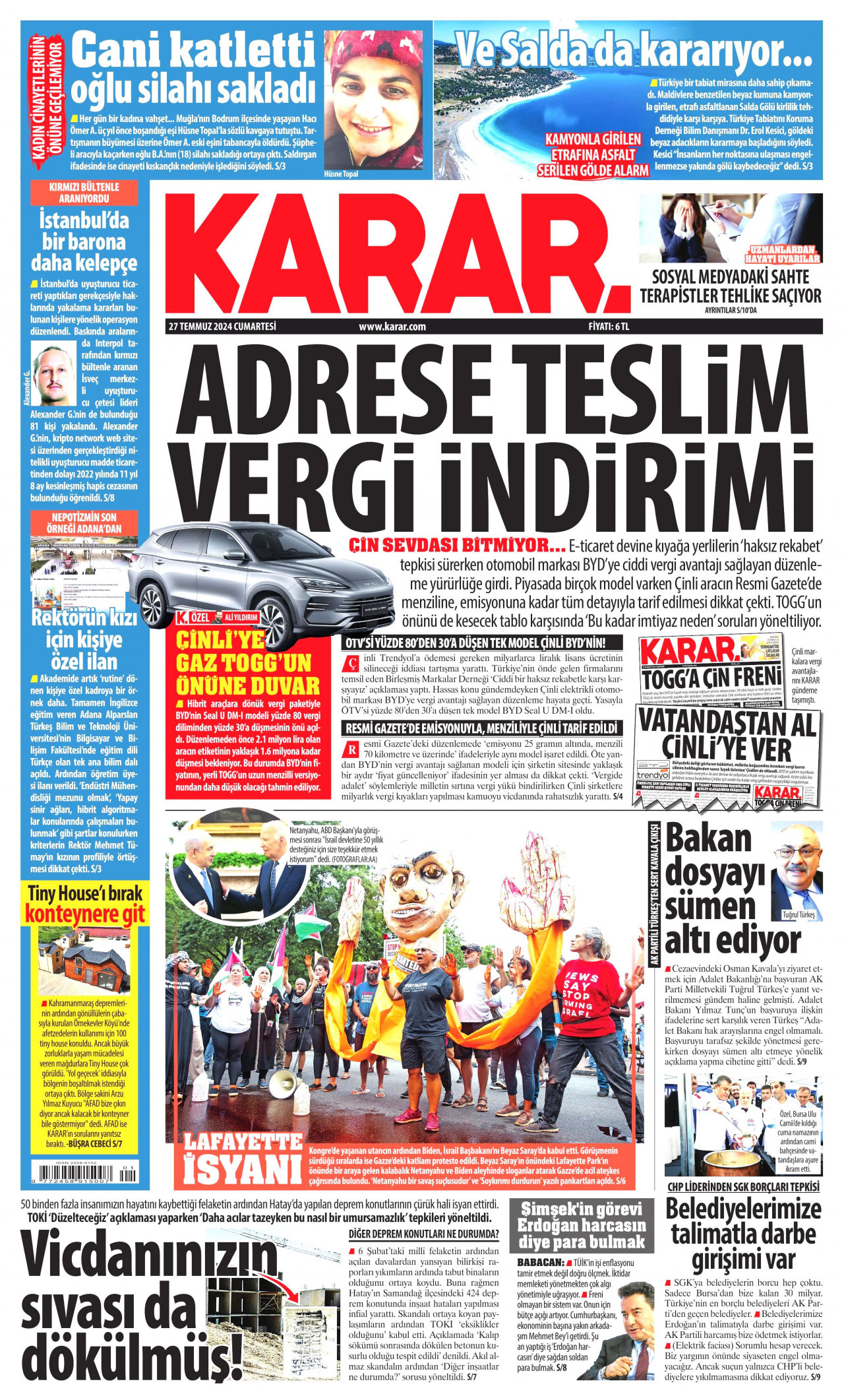 KARAR gazetesinin 27 Temmuz 2024 tarihli birinci sayfası