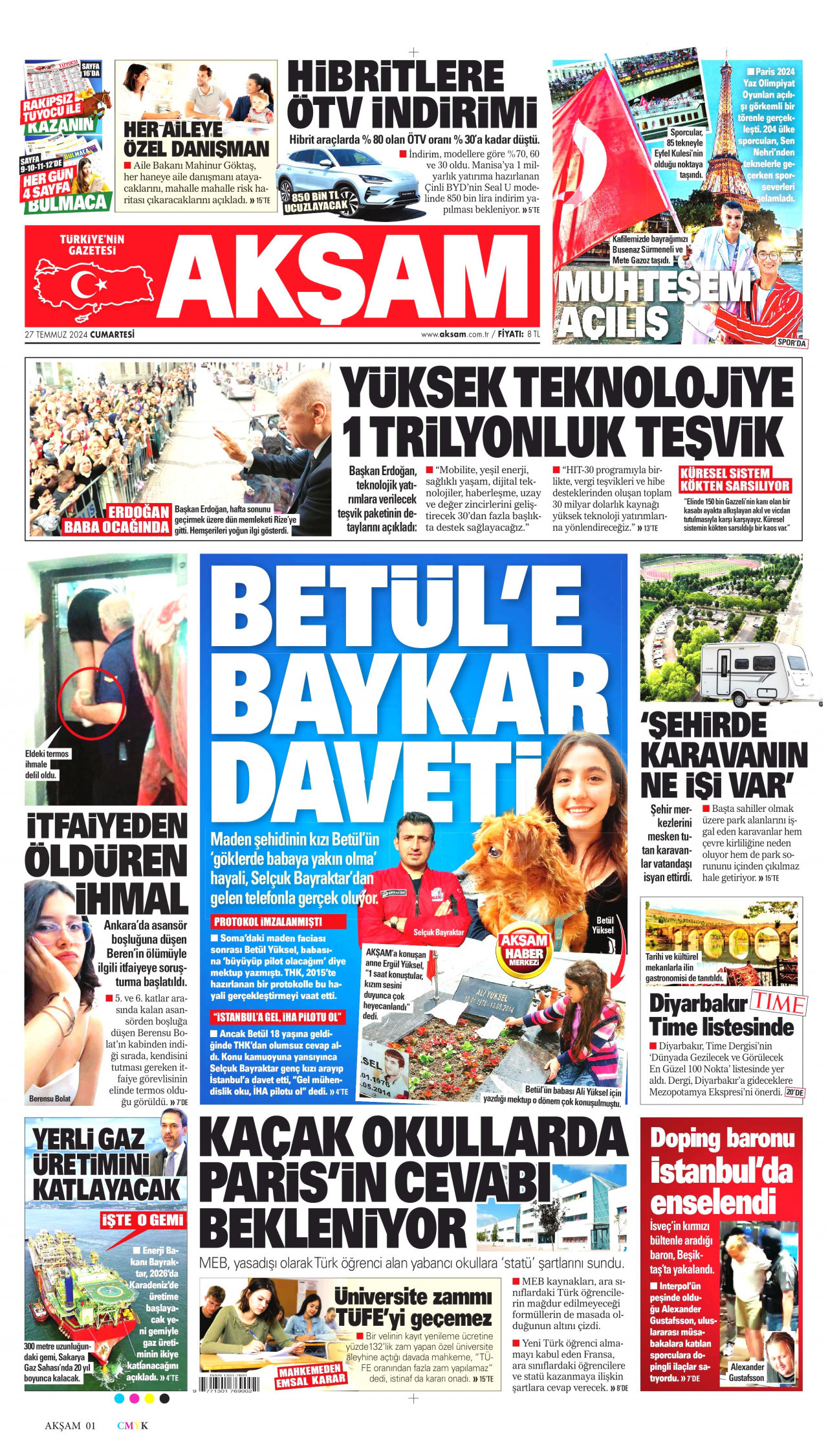 AKŞAM gazetesinin 27 Temmuz 2024 tarihli birinci sayfası