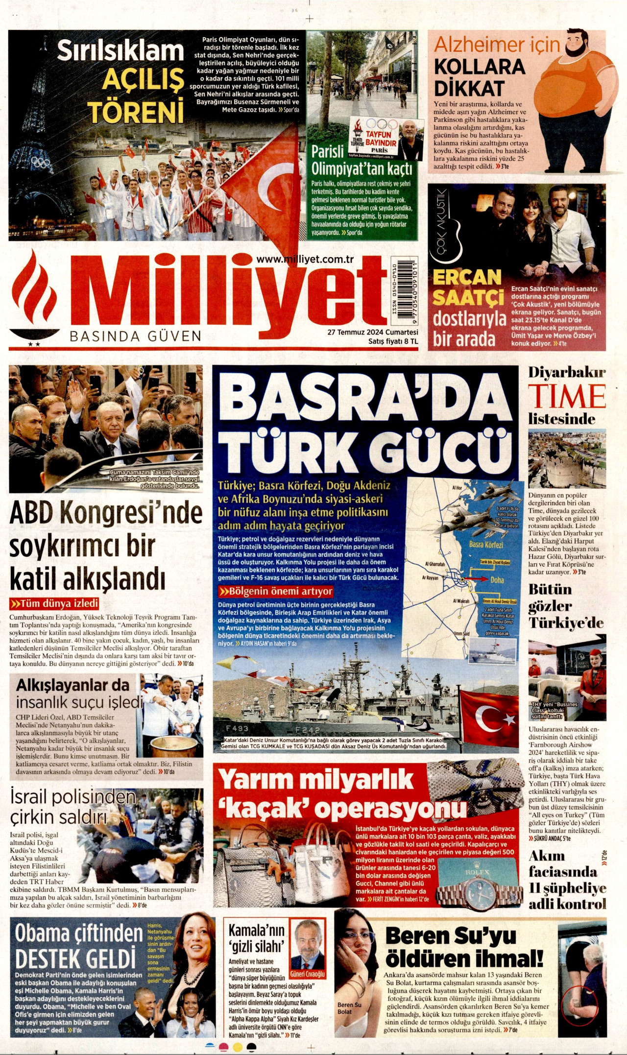 MİLLİYET gazetesinin 27 Temmuz 2024 tarihli birinci sayfası