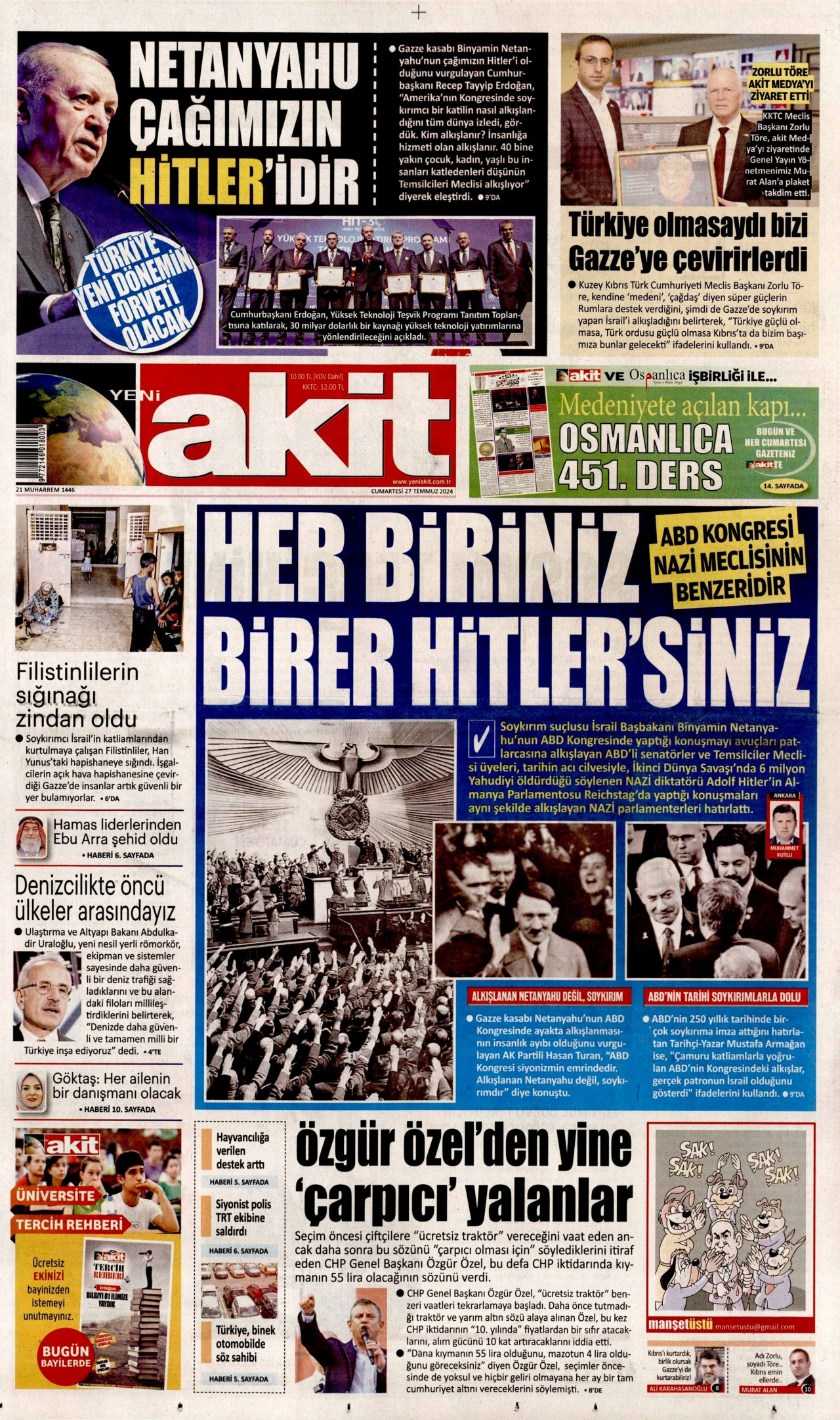 YENİ AKİT gazetesinin 27 Temmuz 2024 tarihli birinci sayfası