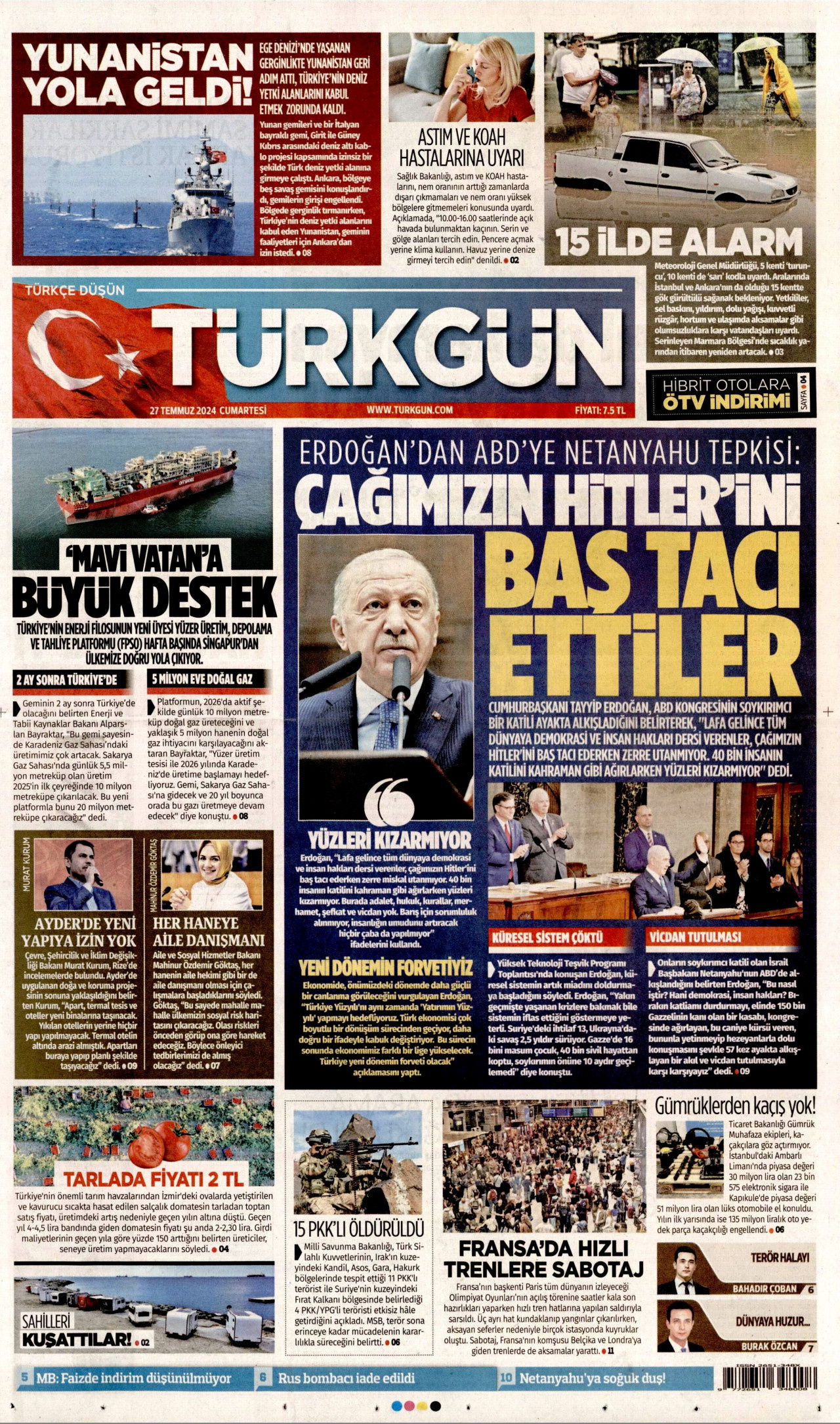 TÜRKGÜN gazetesinin 27 Temmuz 2024 tarihli birinci sayfası