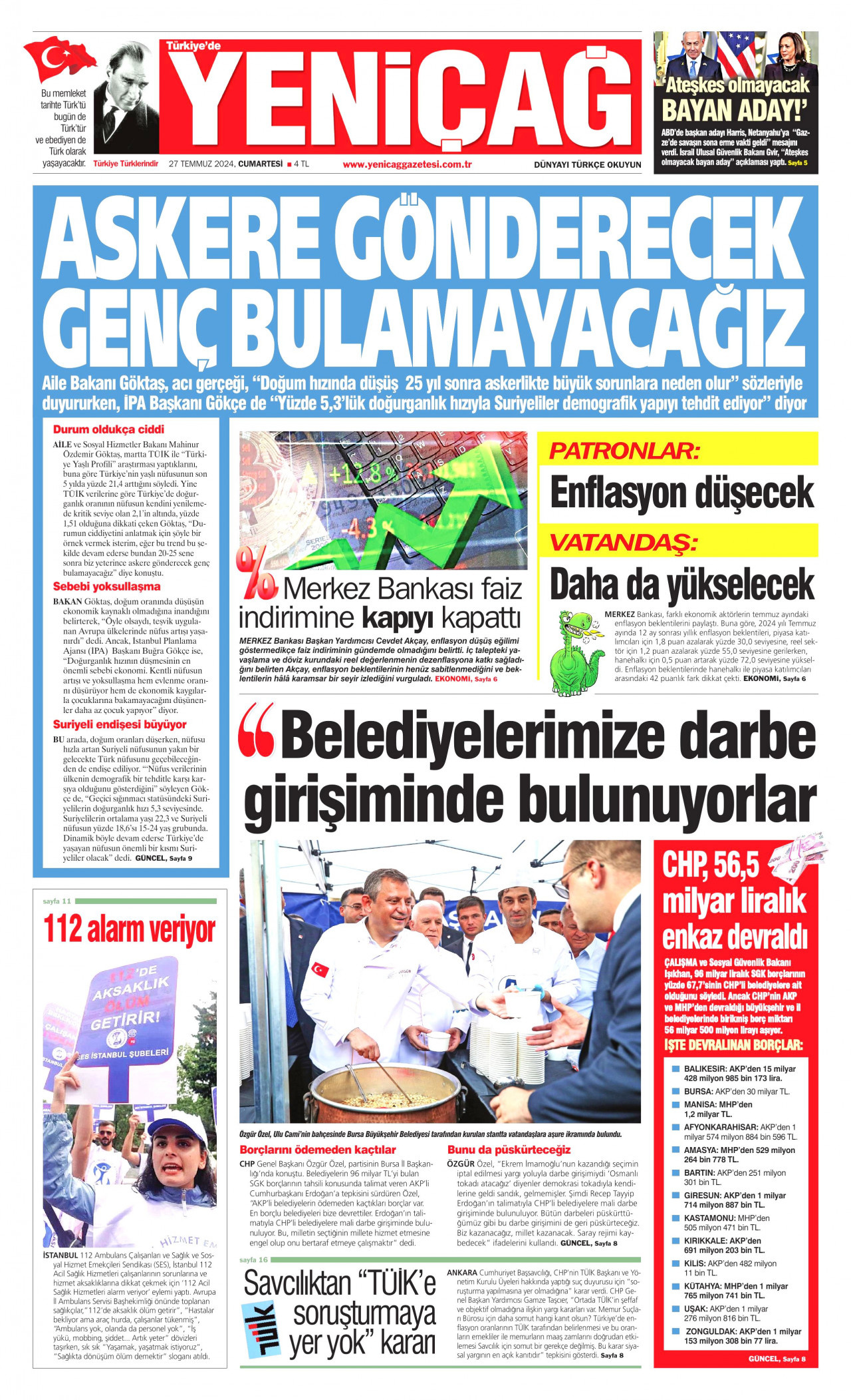 YENİÇAĞ gazetesinin 27 Temmuz 2024 tarihli birinci sayfası