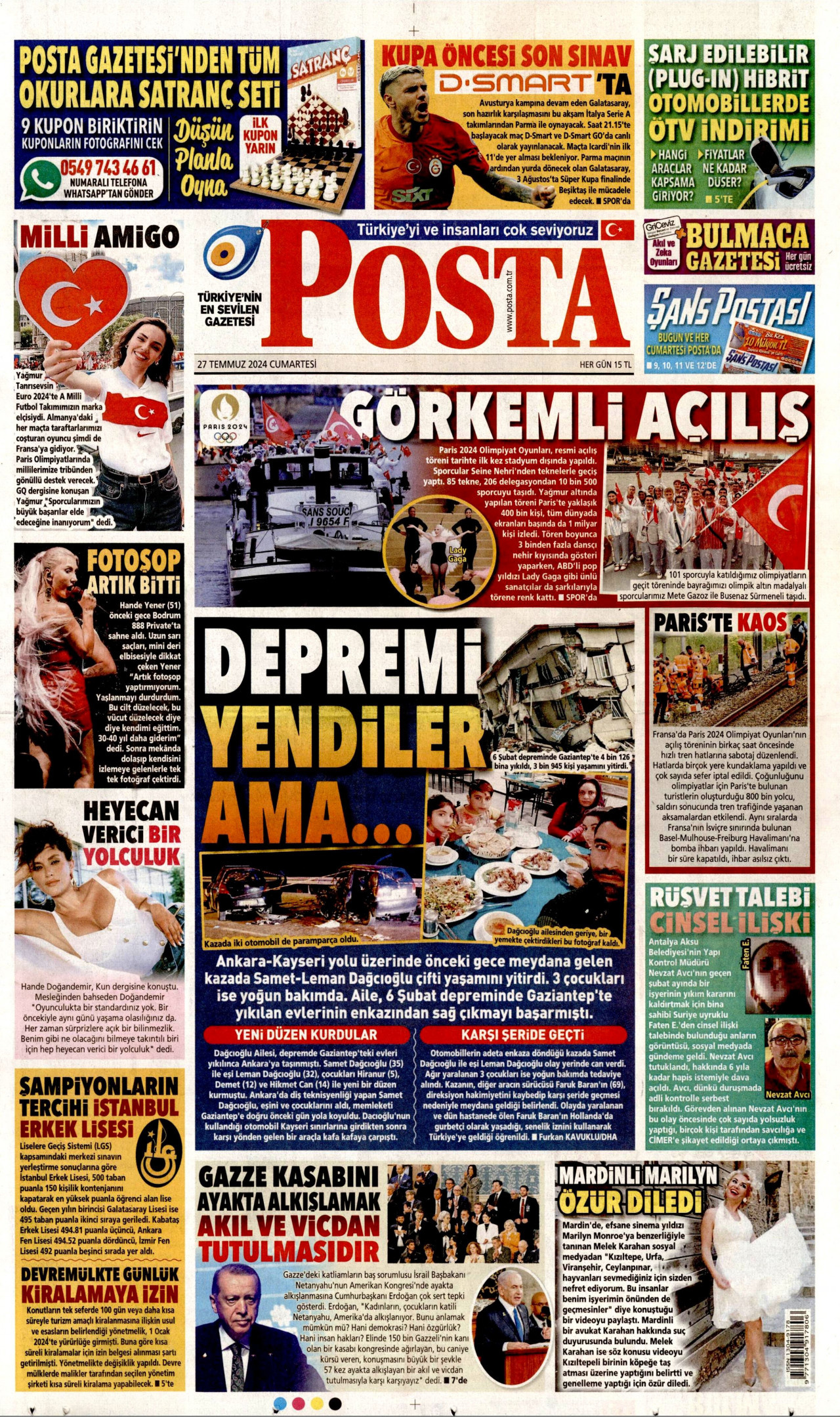 POSTA gazetesinin 27 Temmuz 2024 tarihli birinci sayfası