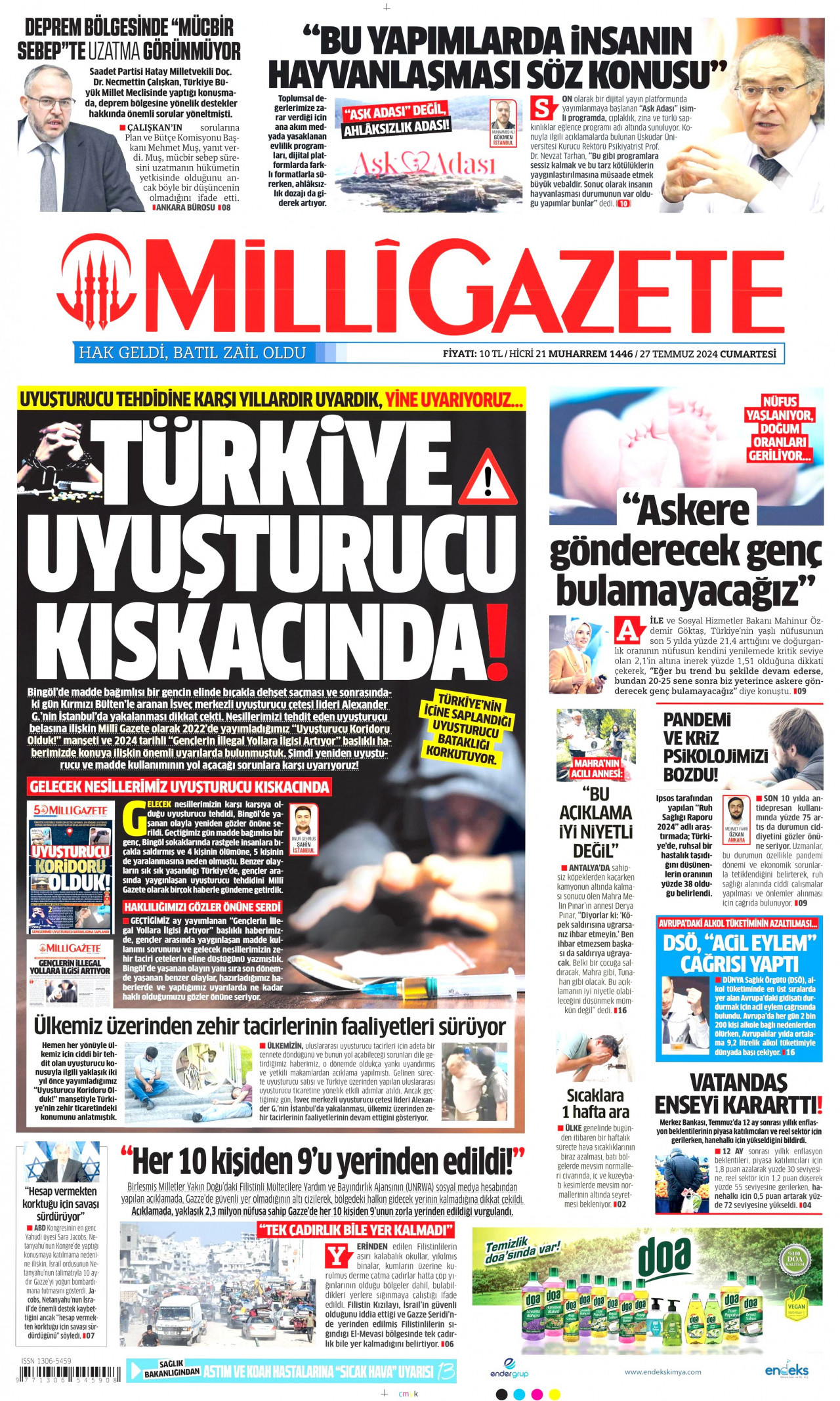 MİLLİ GAZETE gazetesinin 27 Temmuz 2024 tarihli birinci sayfası