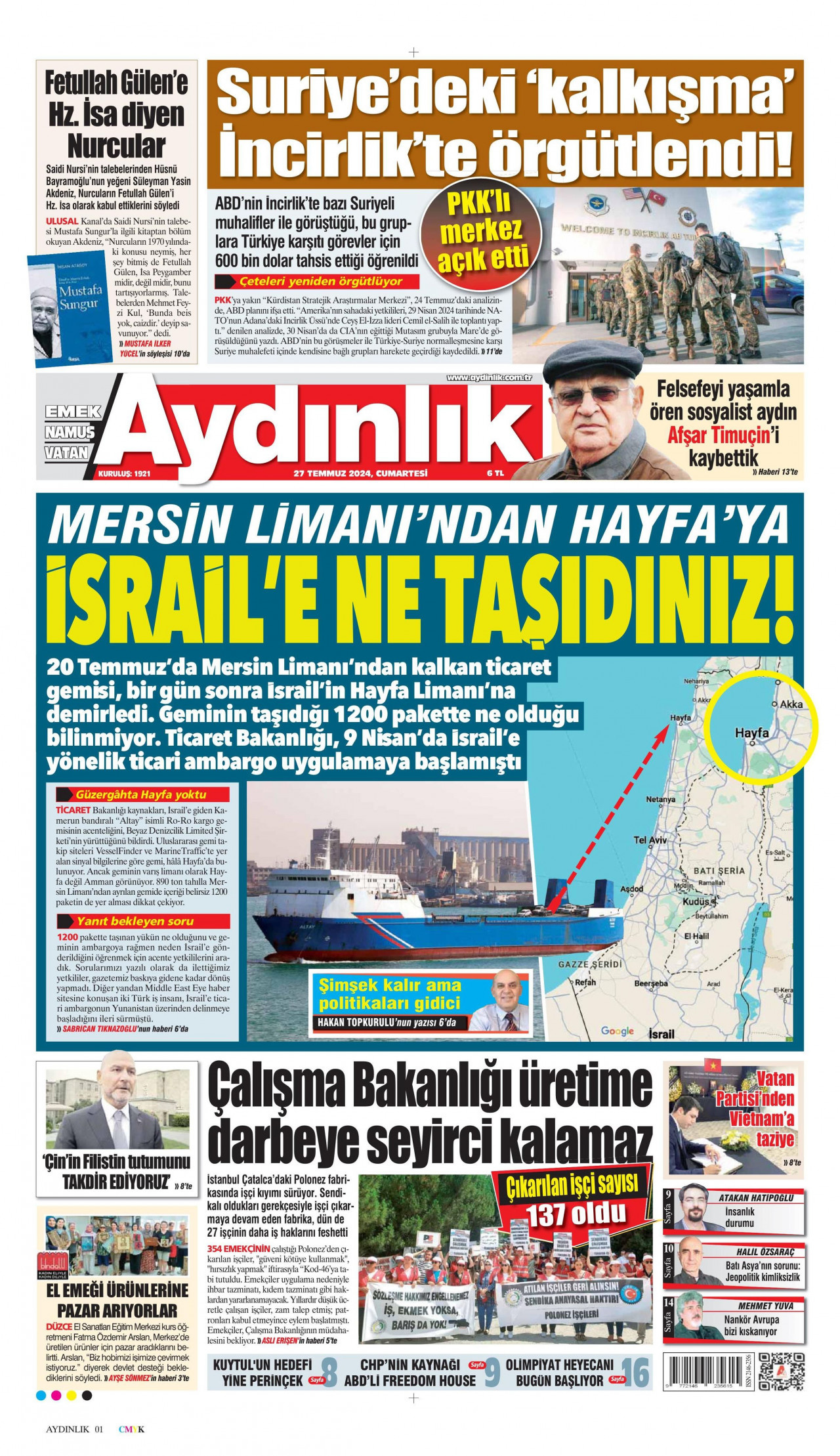 AYDINLIK GAZETESİ gazetesinin 27 Temmuz 2024 tarihli birinci sayfası