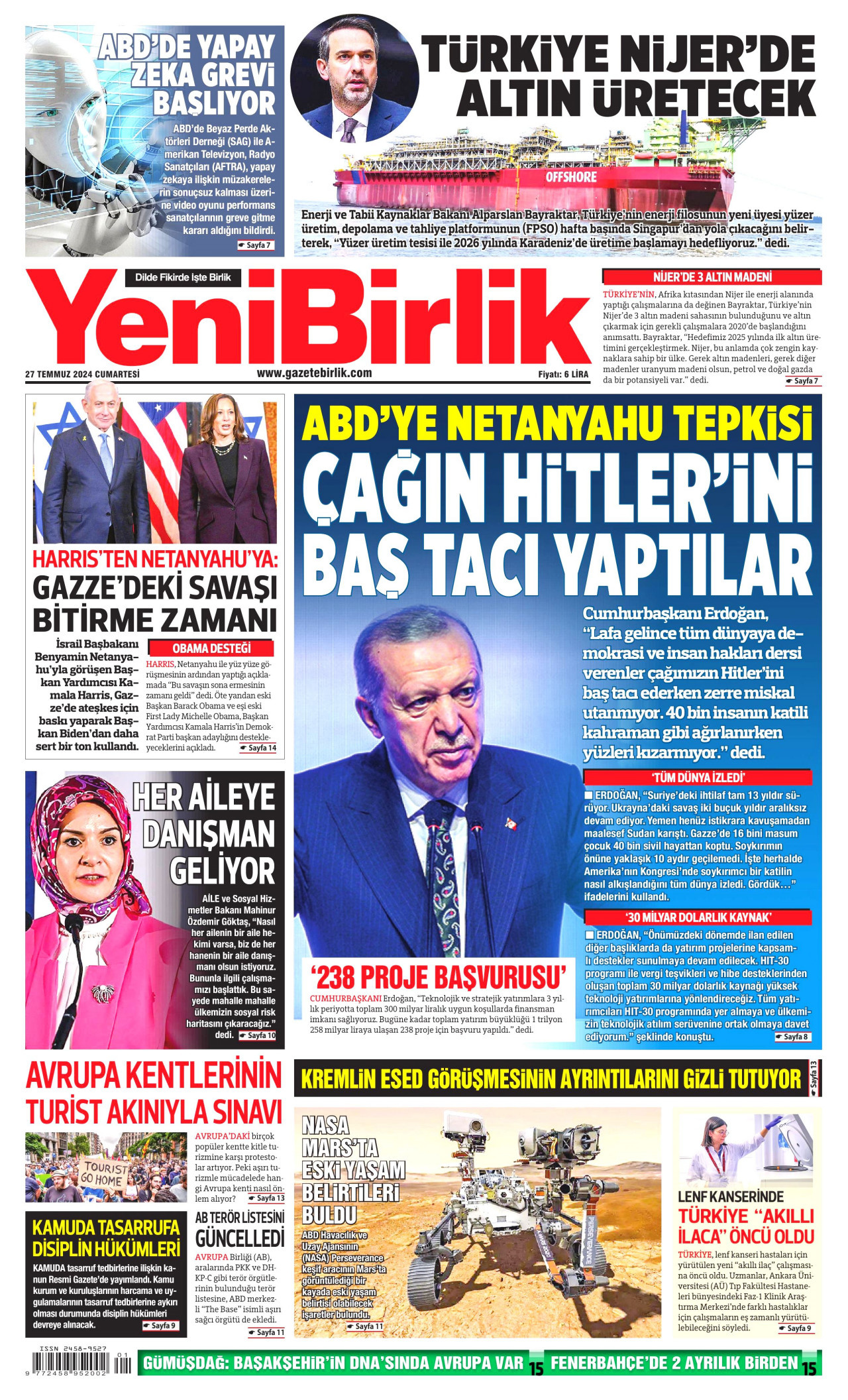 YENİBİRLİK gazetesinin 27 Temmuz 2024 tarihli birinci sayfası