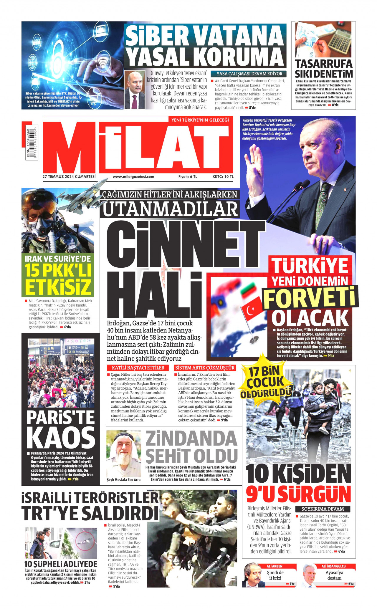 MİLAT gazetesinin 27 Temmuz 2024 tarihli birinci sayfası
