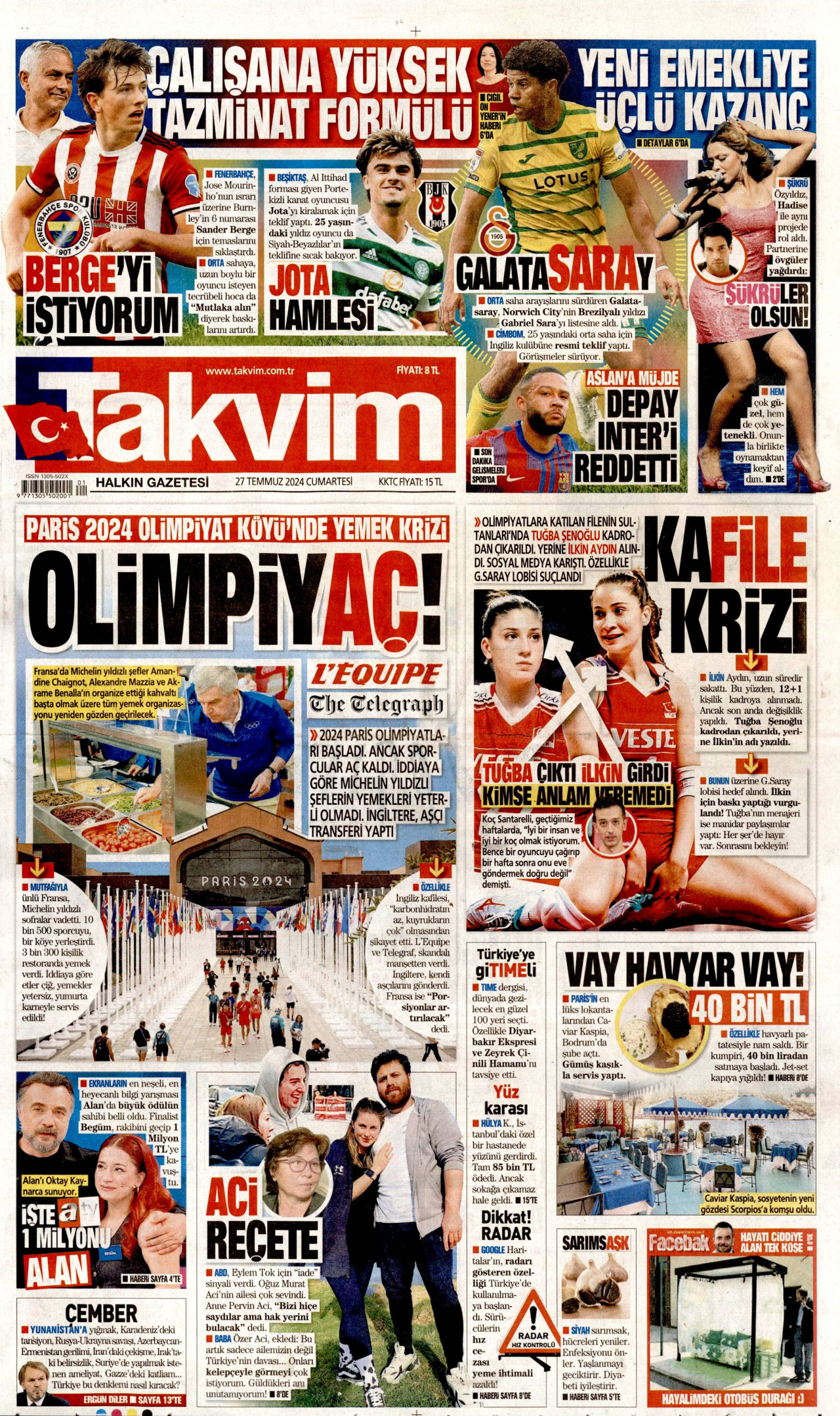 TAKVİM gazetesinin 27 Temmuz 2024 tarihli birinci sayfası