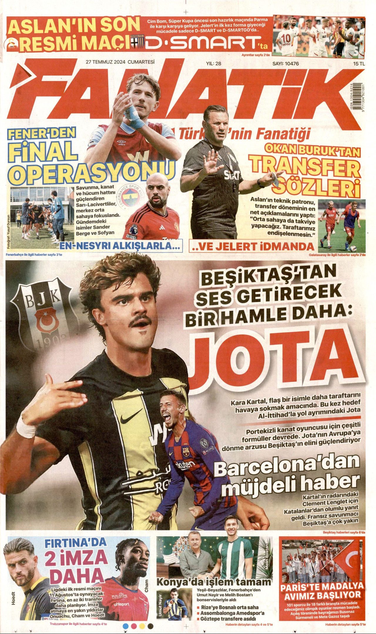 FANATİK gazetesinin 27 Temmuz 2024 tarihli birinci sayfası