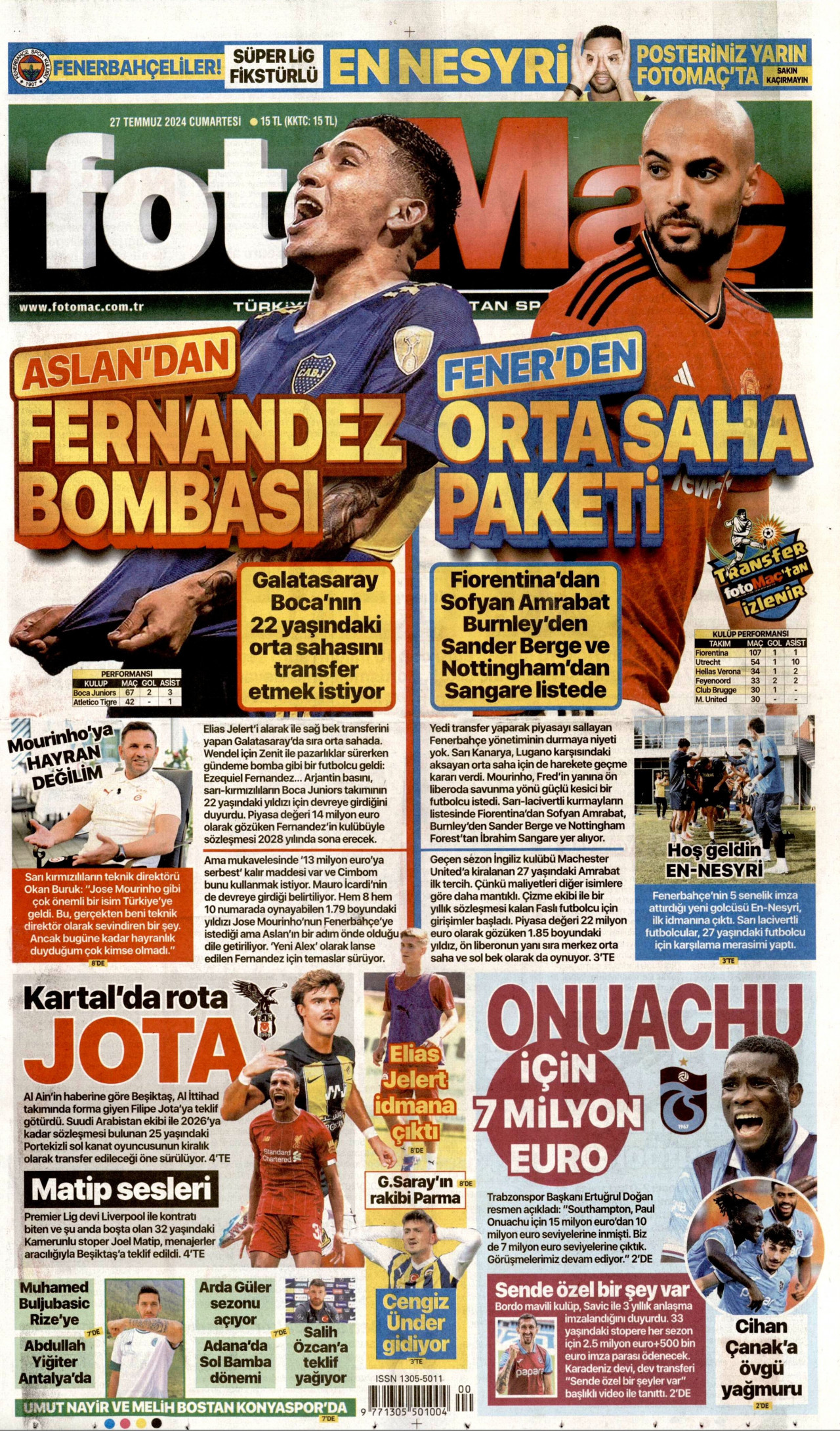 FOTOMAÇ gazetesinin 27 Temmuz 2024 tarihli birinci sayfası