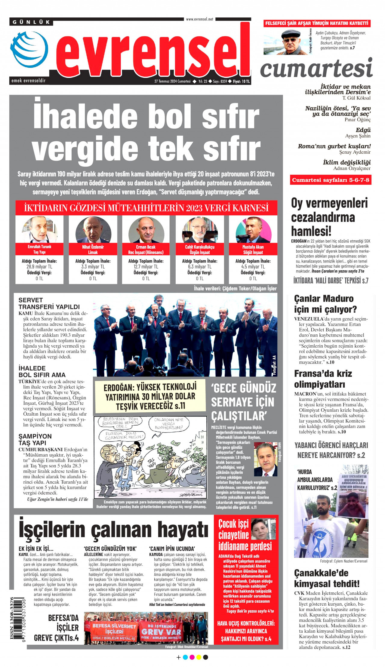 EVRENSEL gazetesinin 27 Temmuz 2024 tarihli birinci sayfası
