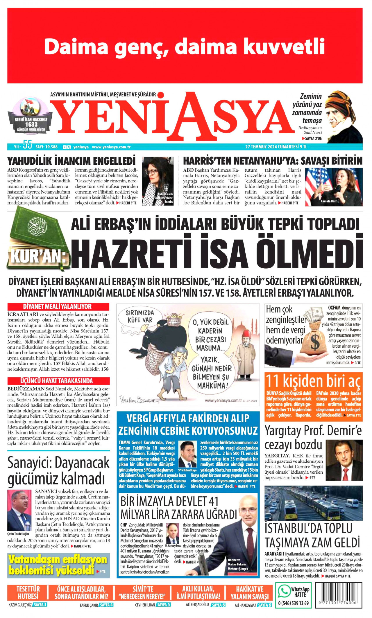 YENİ ASYA gazetesinin 27 Temmuz 2024 tarihli birinci sayfası