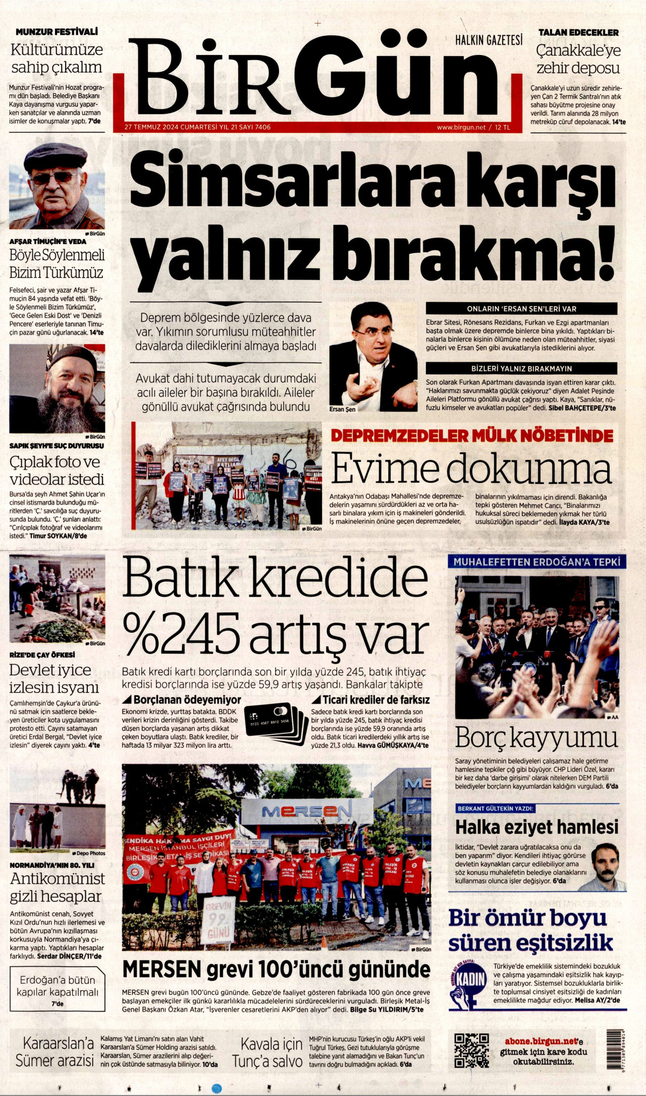 BİRGÜN gazetesinin 27 Temmuz 2024 tarihli birinci sayfası