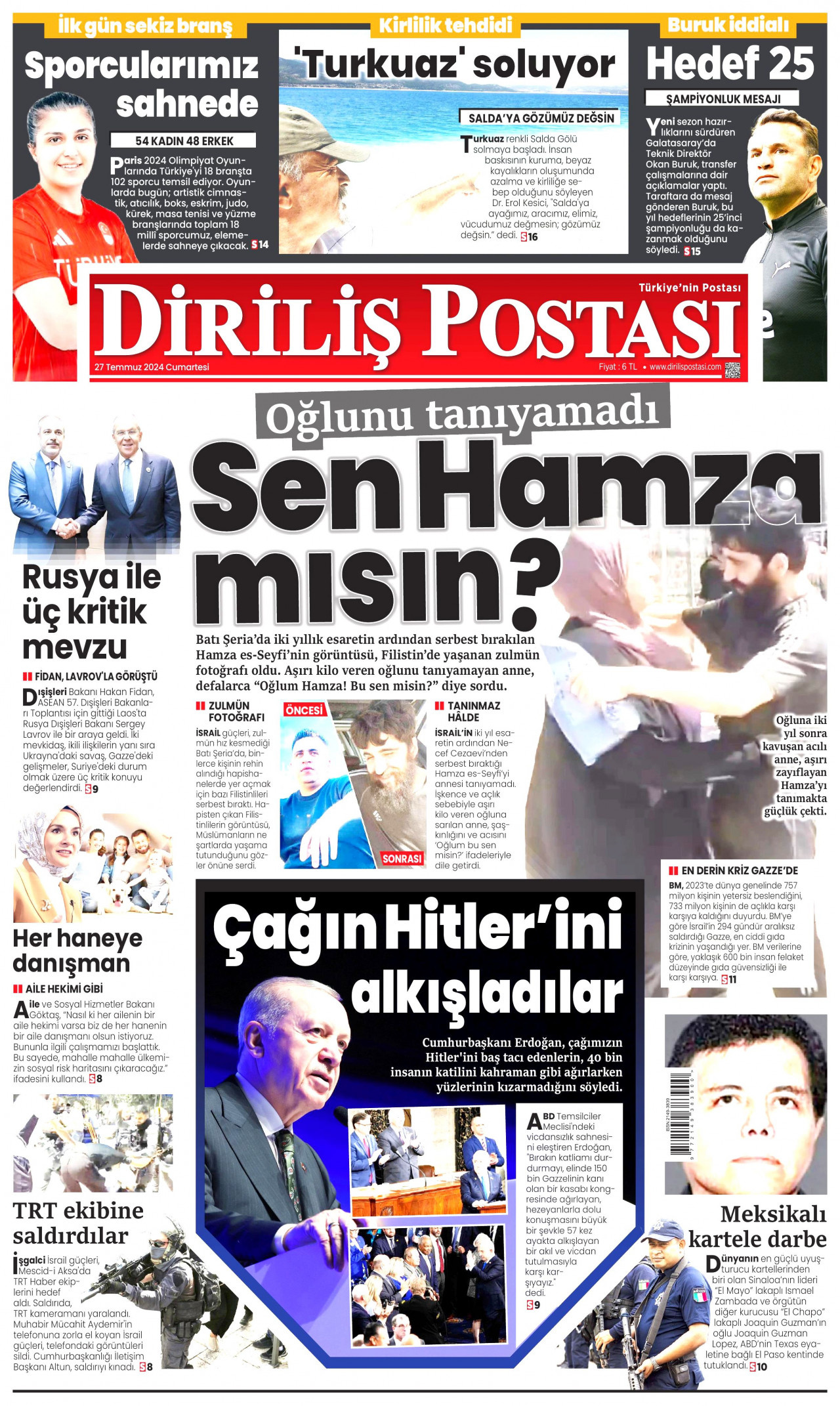 DİRİLİŞ POSTASI gazetesinin 27 Temmuz 2024 tarihli birinci sayfası