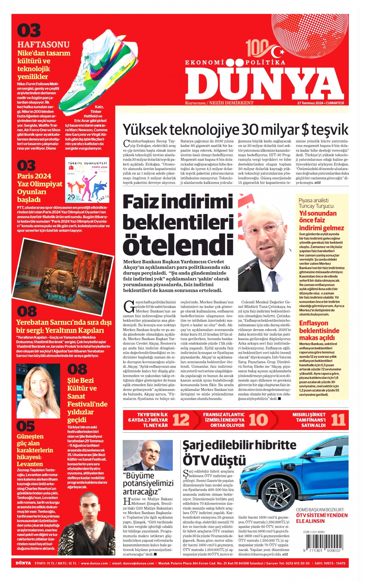 DÜNYA gazetesinin 27 Temmuz 2024 tarihli birinci sayfası