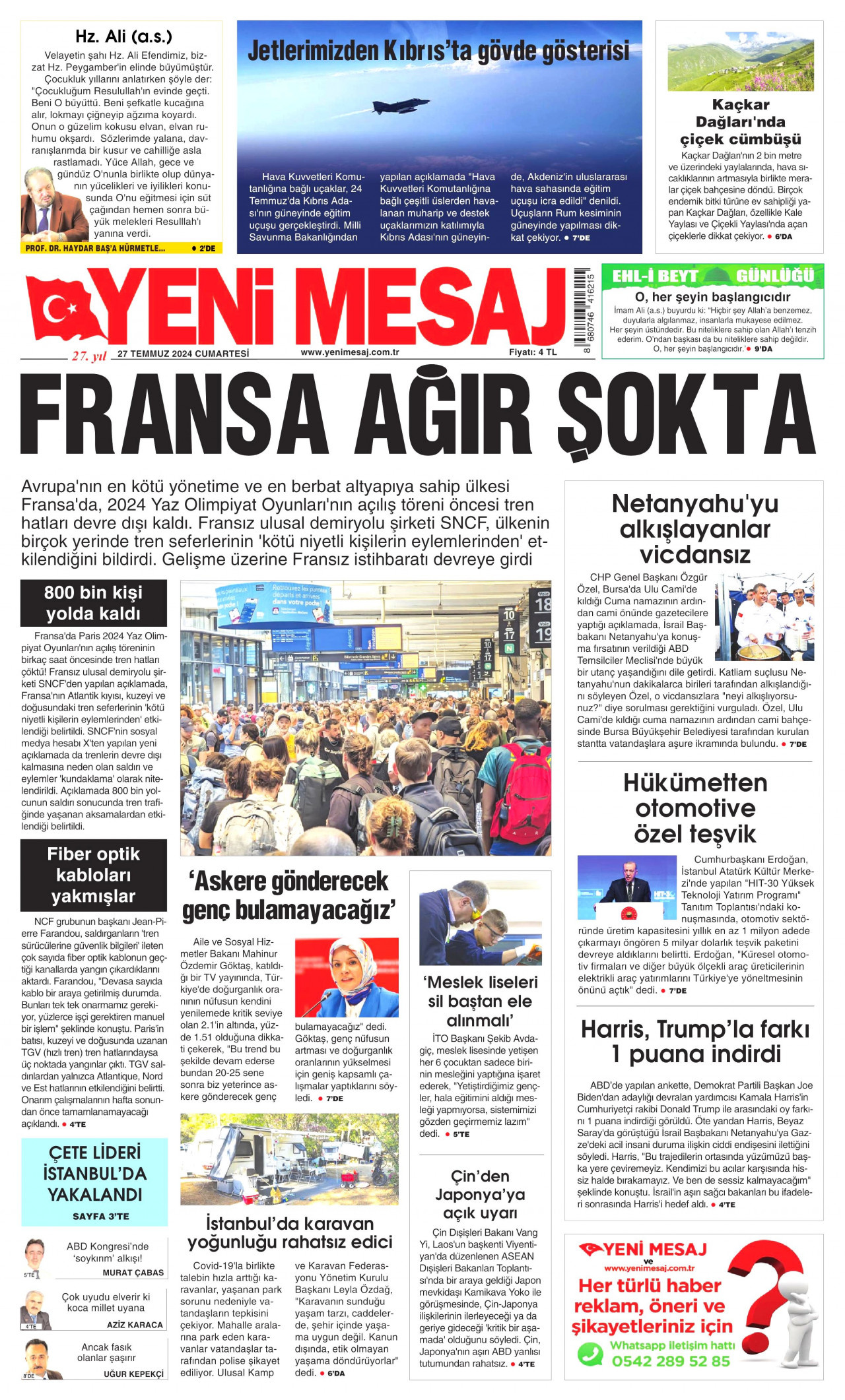 YENİ MESAJ gazetesinin 27 Temmuz 2024 tarihli birinci sayfası