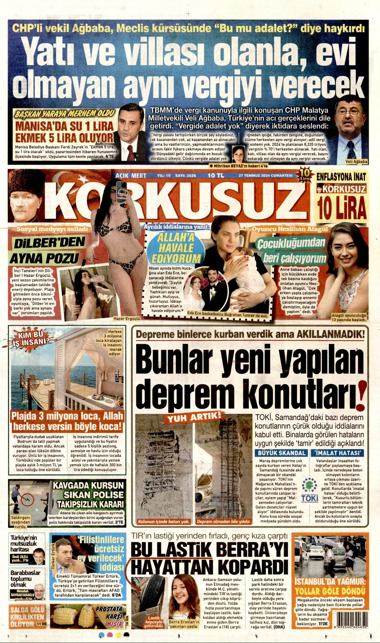 KORKUSUZ gazetesinin 27 Temmuz 2024 tarihli birinci sayfası