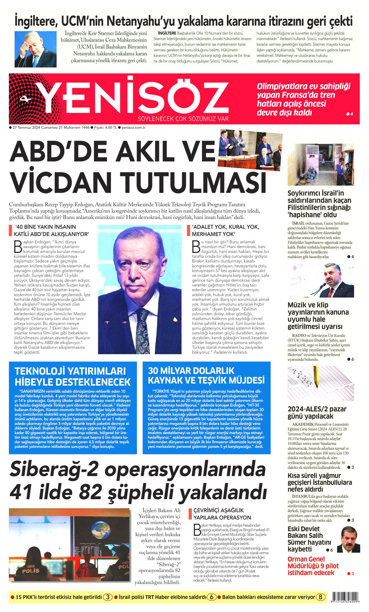 YENİ SÖZ GAZETESİ gazetesinin 27 Temmuz 2024 tarihli birinci sayfası