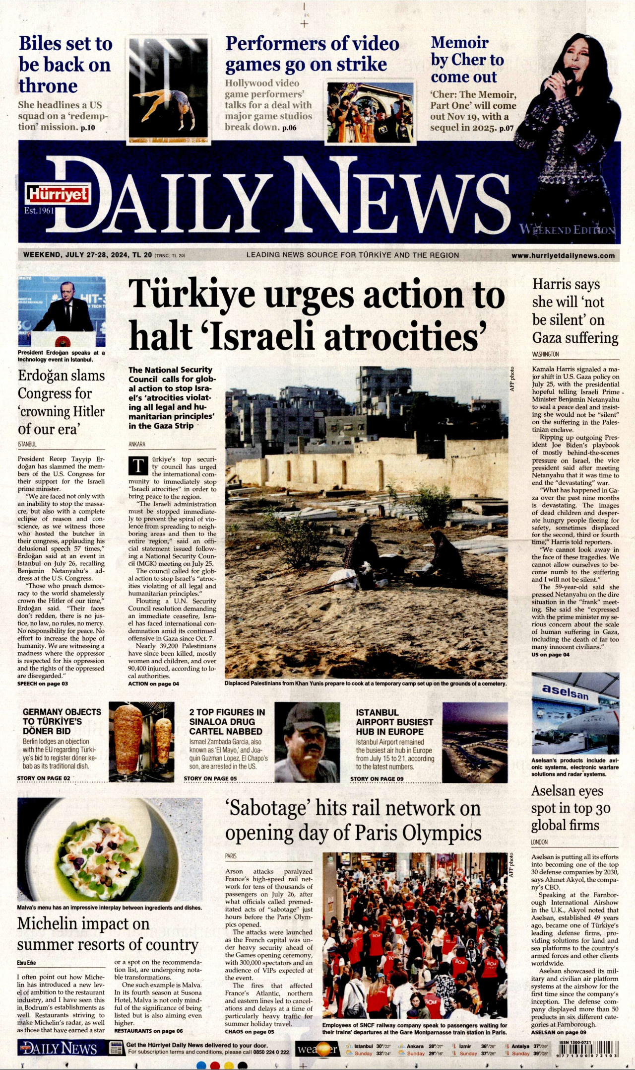 HÜRRİYET DAİLY NEWS gazetesinin 27 Temmuz 2024 tarihli birinci sayfası