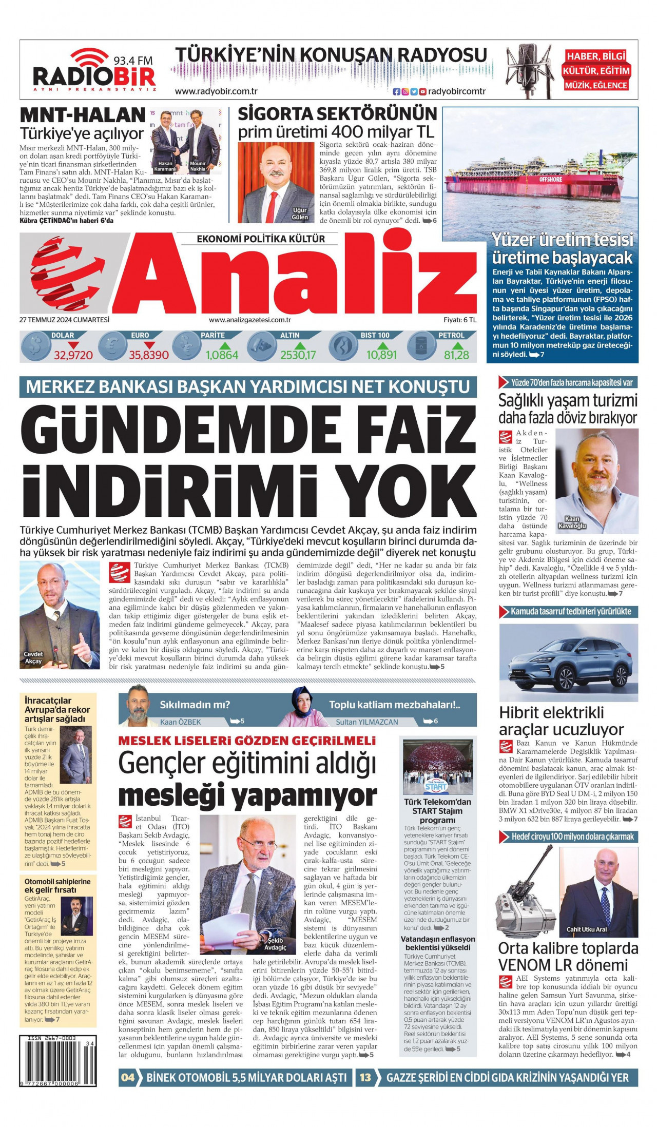ANALİZ gazetesinin 27 Temmuz 2024 tarihli birinci sayfası